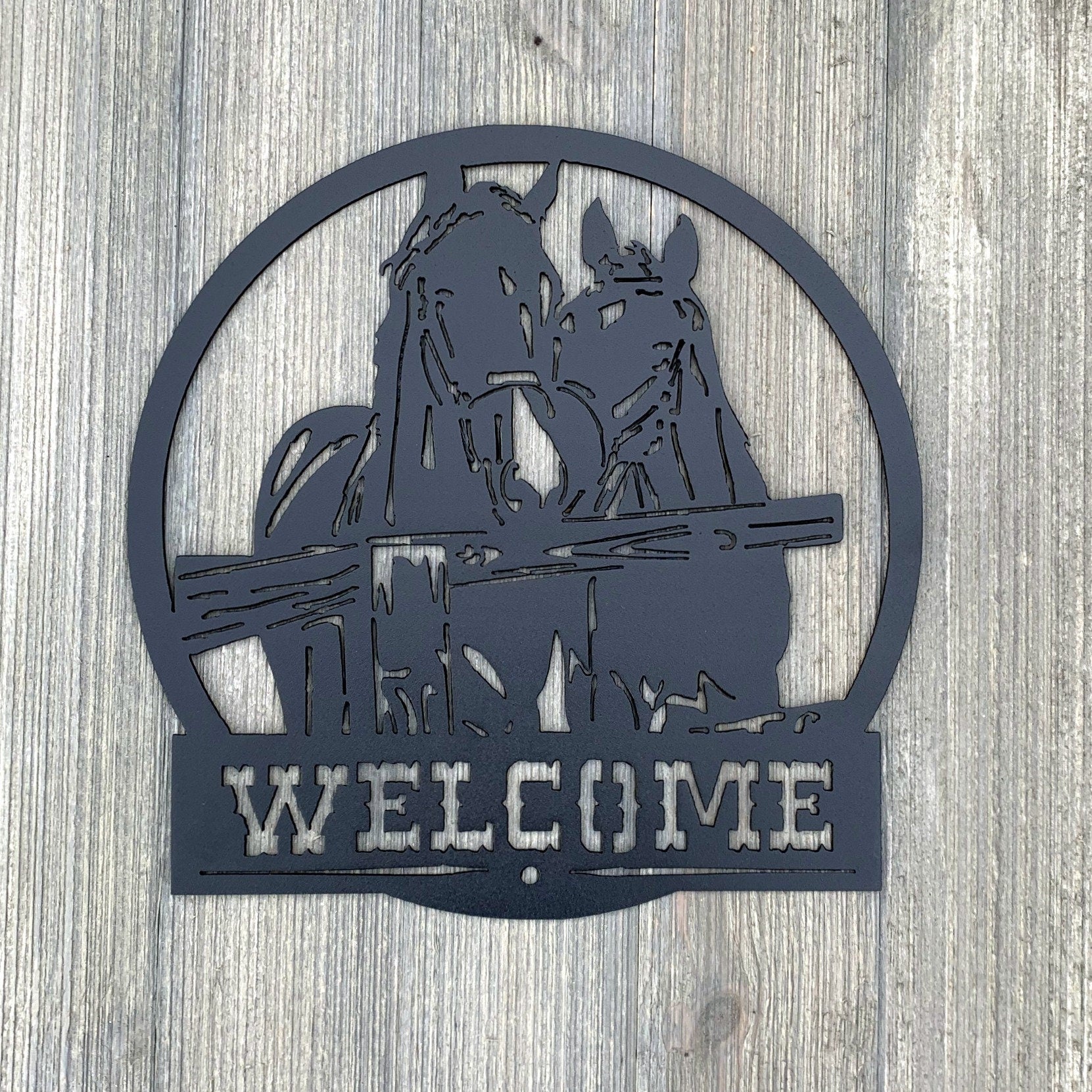 Horse Welcome Metal Sign Cutout - Horse Welcome Sign - Powder Coated Metal - Two Majestic Horses