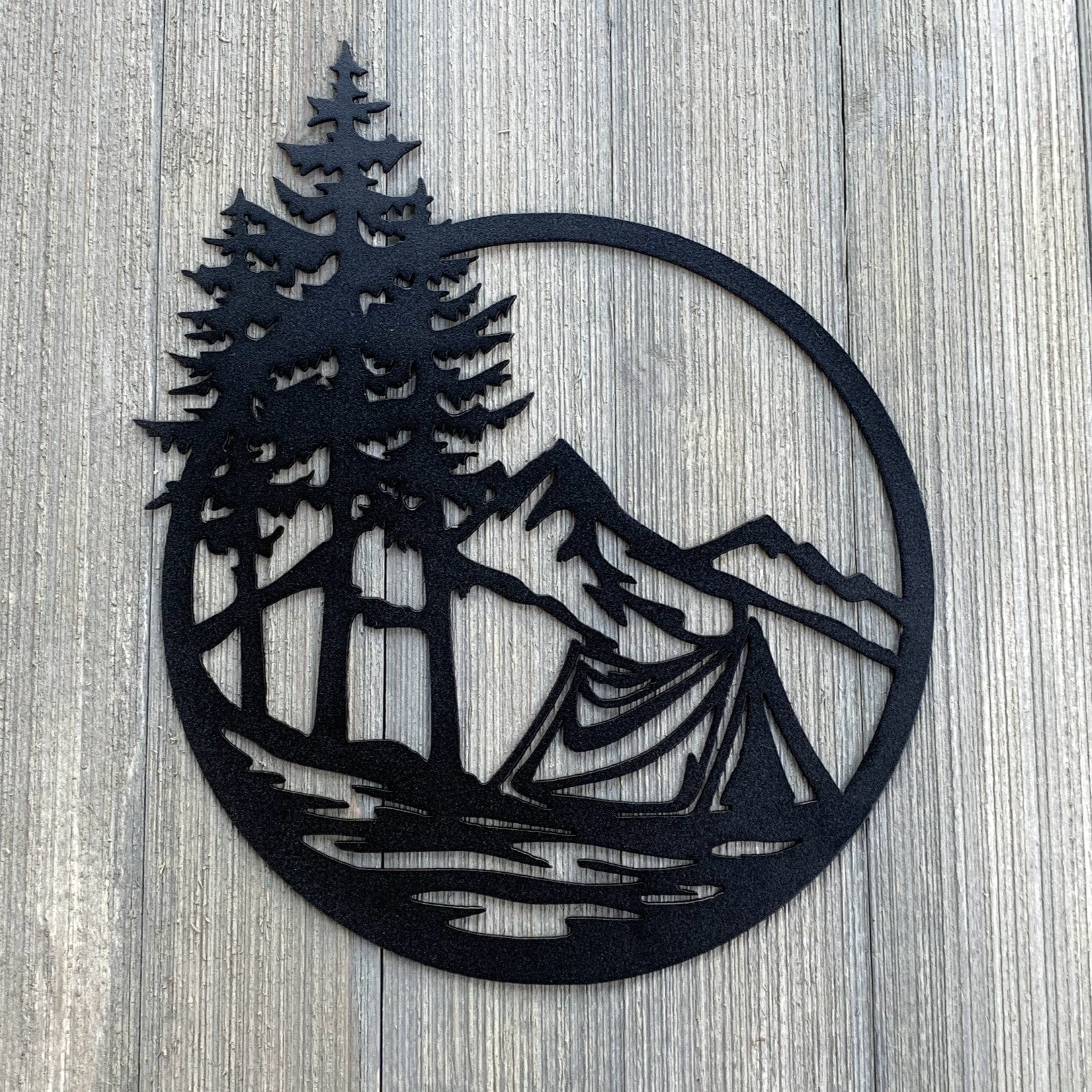 Tent Camping Scene Metal Sign Cutout - Powder Coated Mountain Silhouette Scene Sign - A Stunning and Majestic Addition to Your Home Decor!
