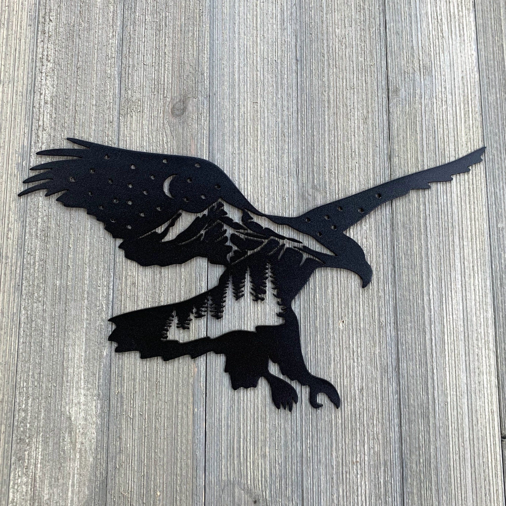 Eagle Mountain Scene Metal Sign Cutout - Powder Coated Metal Sign Featuring a Eagle with a Mountain Silhouette, Trees, Moon and Stars