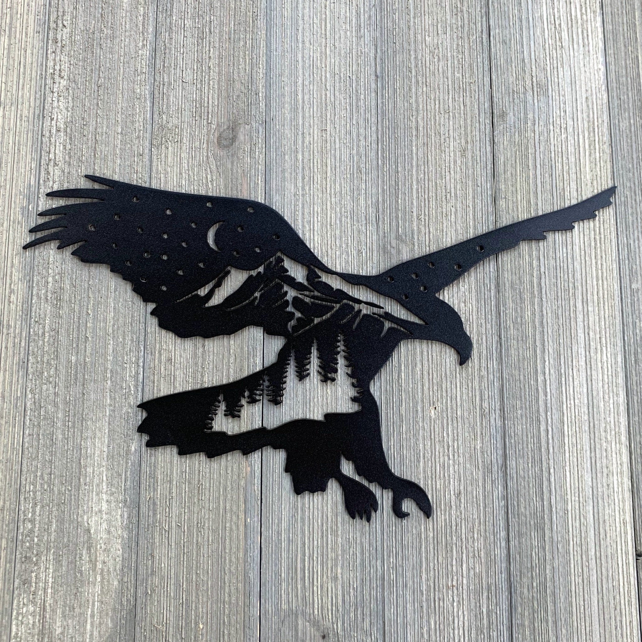 Eagle Mountain Scene Metal Sign Cutout - Powder Coated Metal Sign Featuring a Eagle with a Mountain Silhouette, Trees, Moon and Stars