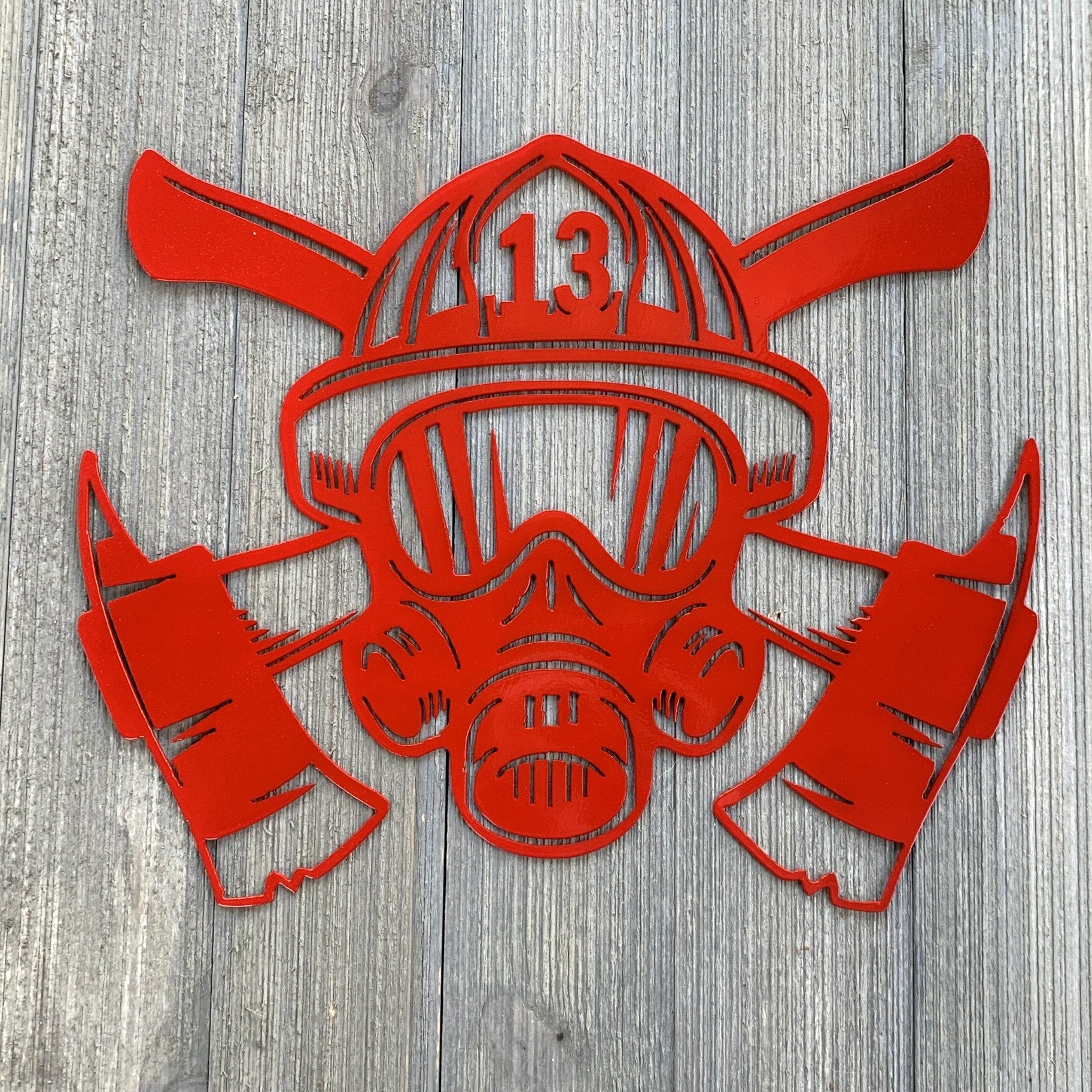 Fireman Metal Sign Cutout -CUSTOMIZABLE Number Fireman's Helmet Powder Coated Metal Sign -Axes, Mask, Lucky Number 13 Decor -Personalized