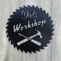 Dads Workshop Sawblade Metal Sign Cutout - Saw Blade Shape, Hammer and Screwdriver Design, Perfect for Handyman's Workspace