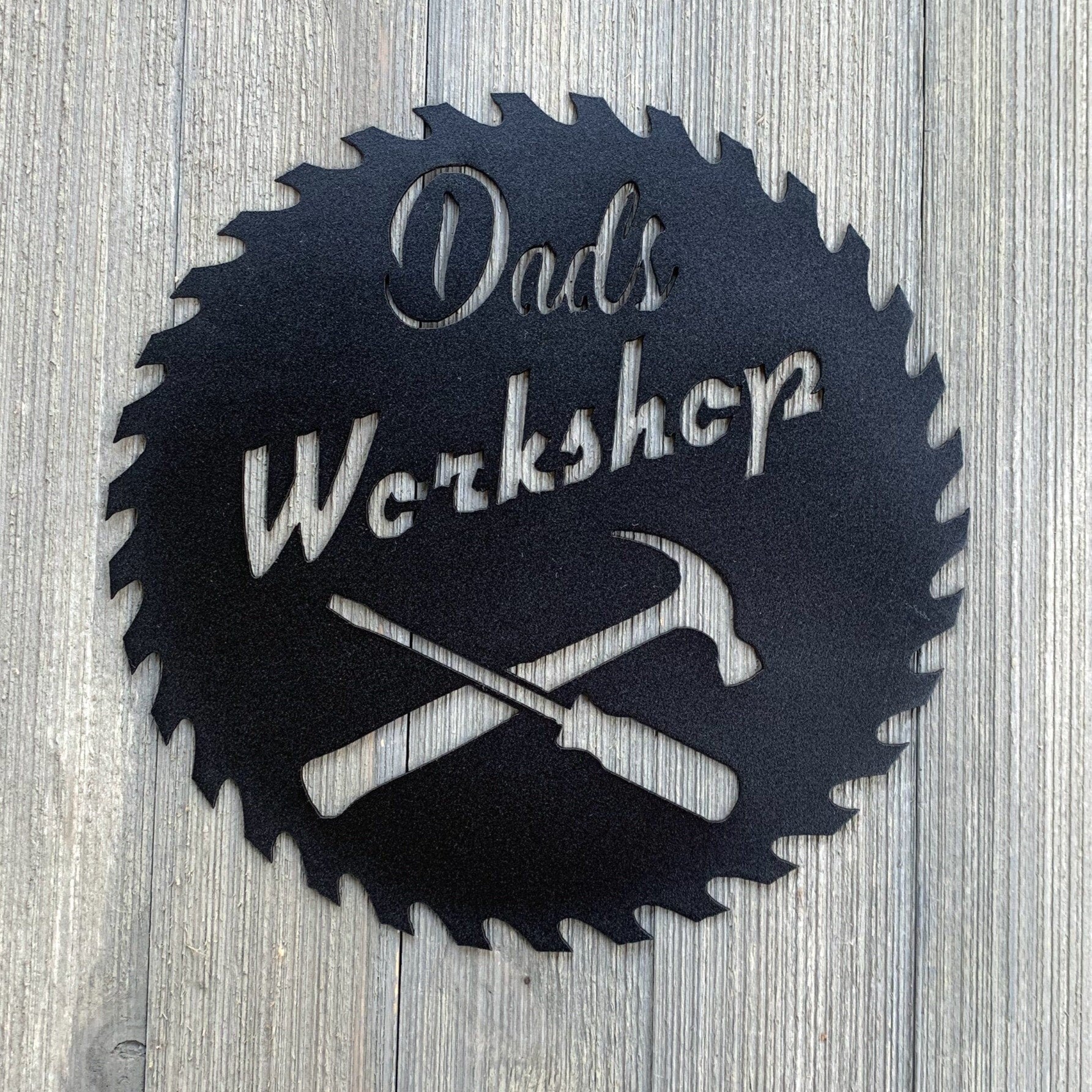 Dads Workshop Sawblade Metal Sign Cutout - Saw Blade Shape, Hammer and Screwdriver Design, Perfect for Handyman's Workspace