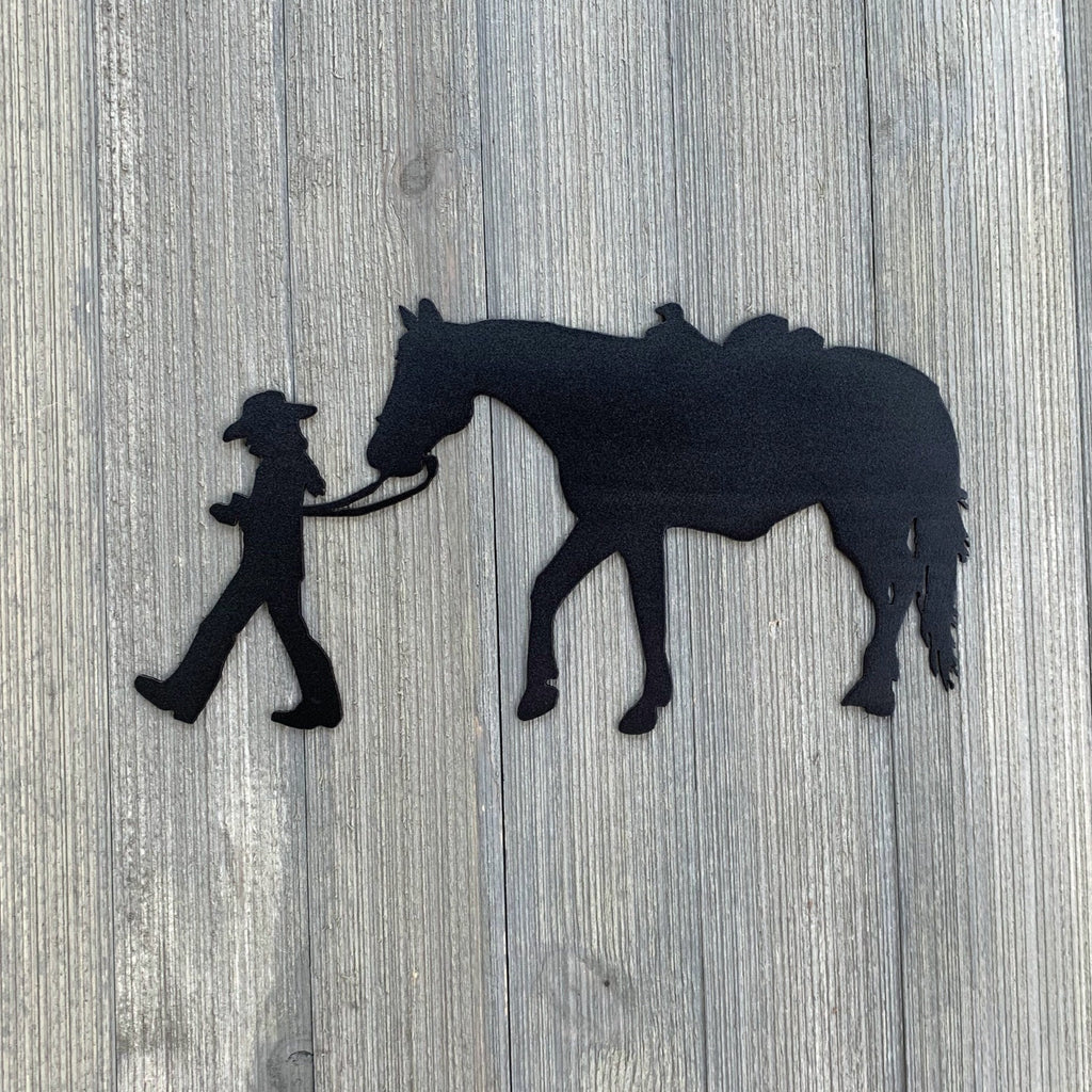 Girl Leading Horse Metal Sign Cutout - Kid Cowgirl Leading Horse Metal Sign - Western Home Decor - Horse Lover Gift - Durable