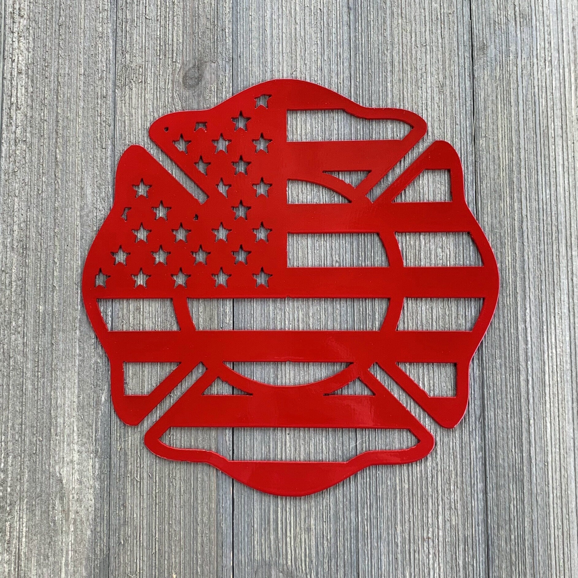 Firefighter Maltese Cross Metal Sign Cutout - USA Flag Firefighter Maltese Cross Metal Sign - Powder Coated Wall Art - Gift for Firefighter