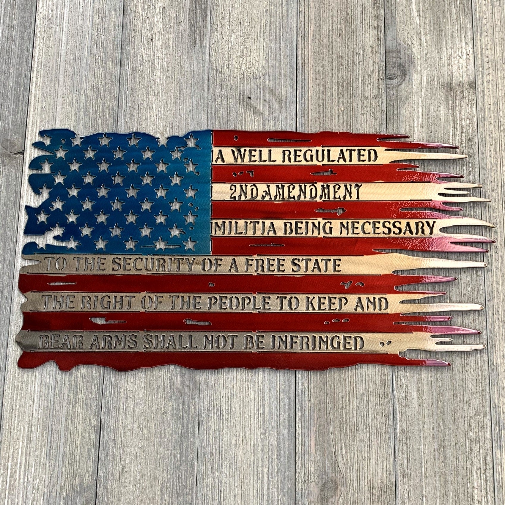 Second Amendment Distressed American Flag Metal Sign Cutout - Patriotic -Inspired 2nd Amendment Distressed USA Flag Powder Coated Metal Sign