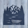Row Boat and Mountain Metal Sign Cutout - A Powder Coated Metal Sign Featuring a Row Boat on the Water, Trees and Mountain Silhouette