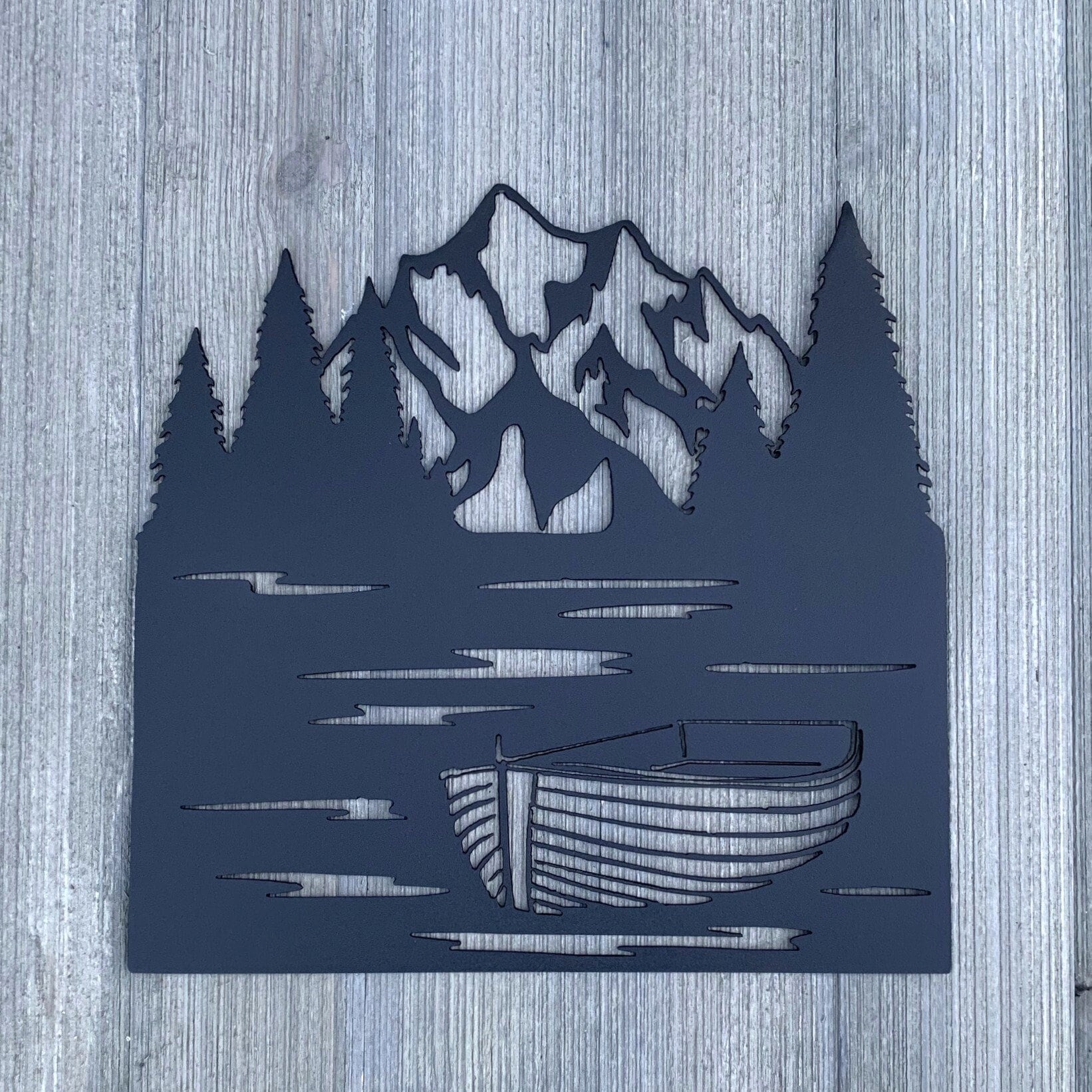 Row Boat and Mountain Metal Sign Cutout - A Powder Coated Metal Sign Featuring a Row Boat on the Water, Trees and Mountain Silhouette