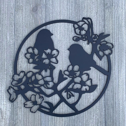 Birds And Flowers Metal Sign Cutout - Two Birds on a Branch: A Stunning Powder Coated Metal Sign for Any Home or Business