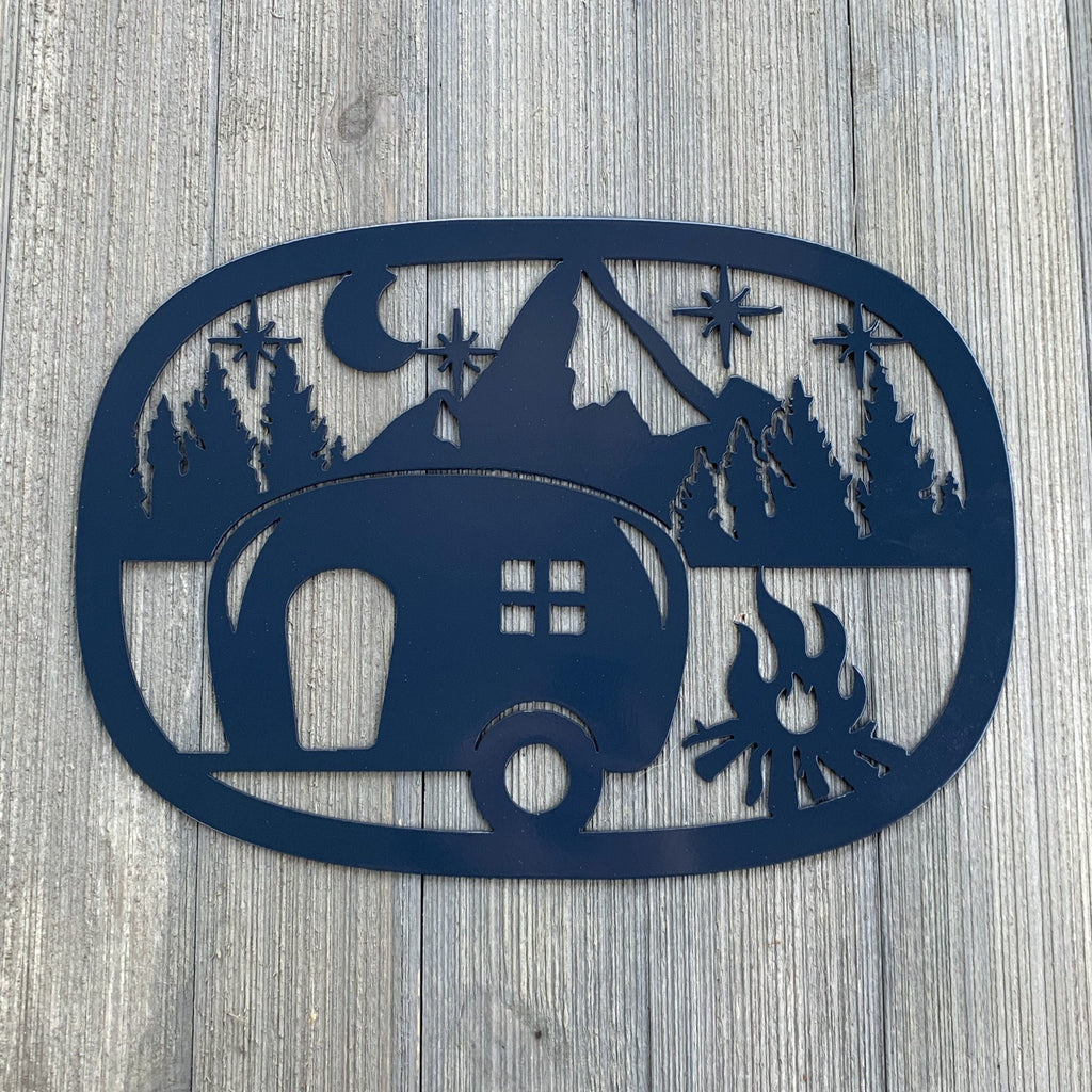 Camper Scene Metal Sign Cutout -Vintage RV Night: A Powder Coated Metal Sign Featuring a Nostalgic Scene