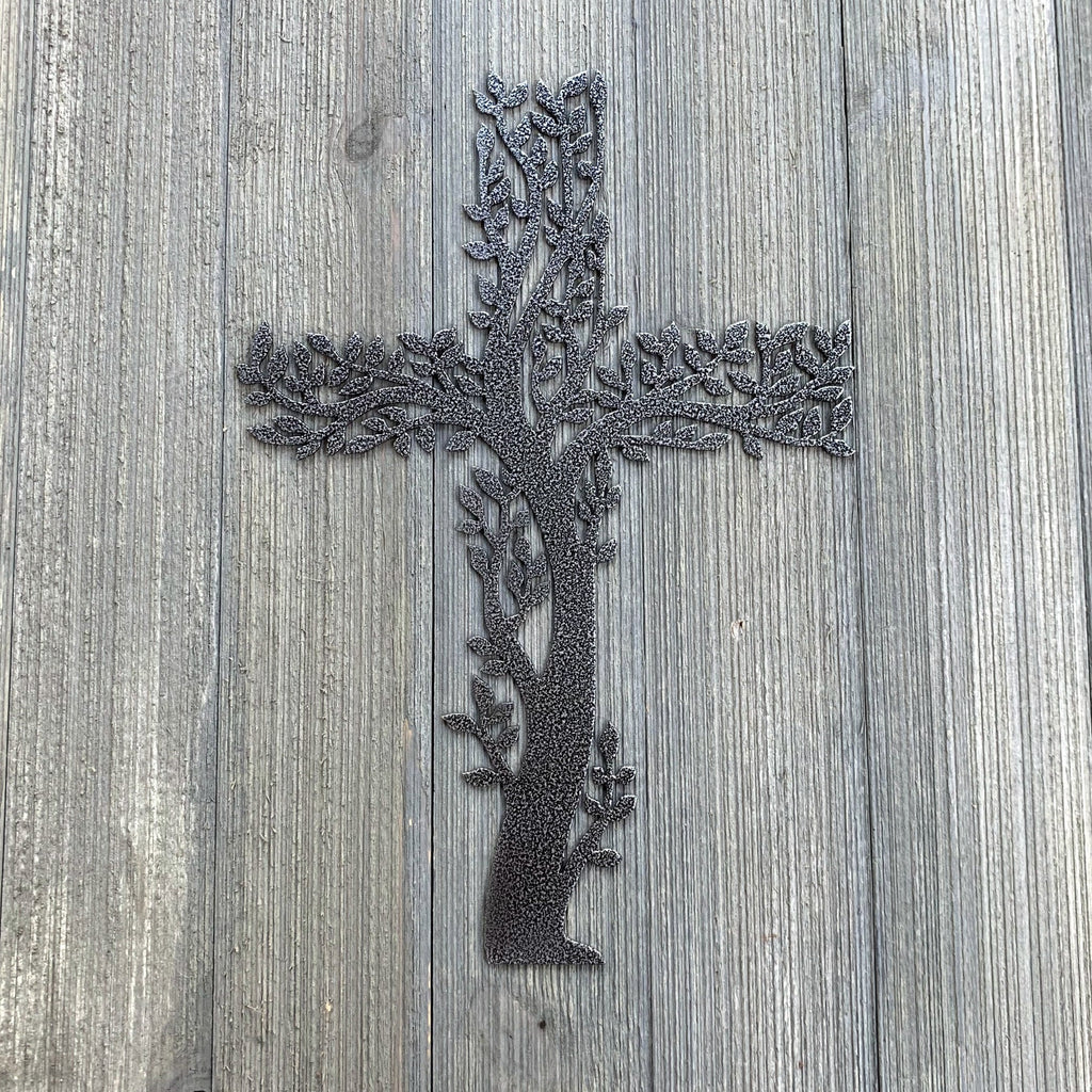 Olive Branch Tree Cross Metal Sign Cutout - Handmade Powder Coated Metal Cross Wall Art - Unique Rustic Decor