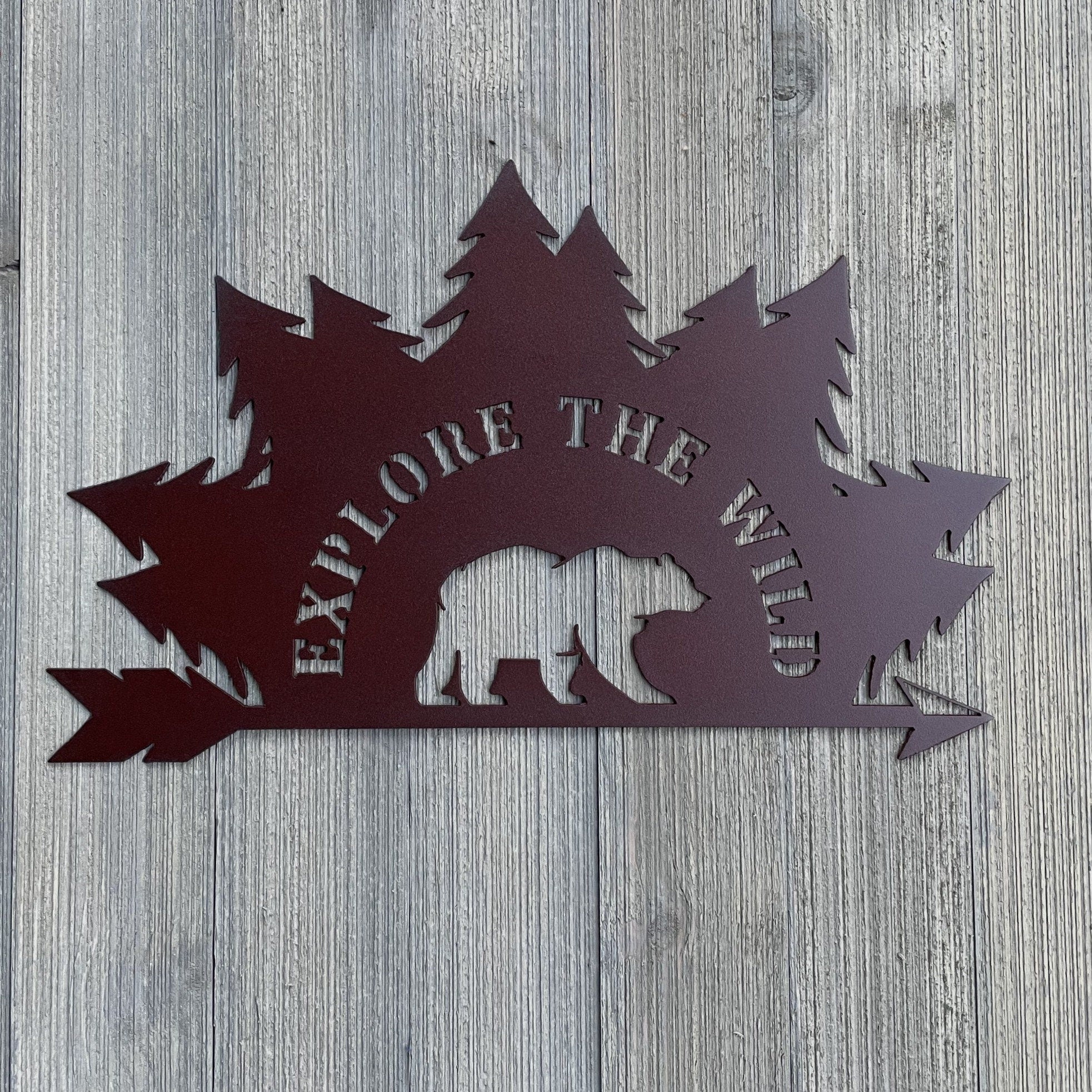 Explore The Wild Metal Sign Cutout -Majestic Bear and Scenic Wilderness Powder Coated Sign -Encourage Adventure and Exploration in Any Space