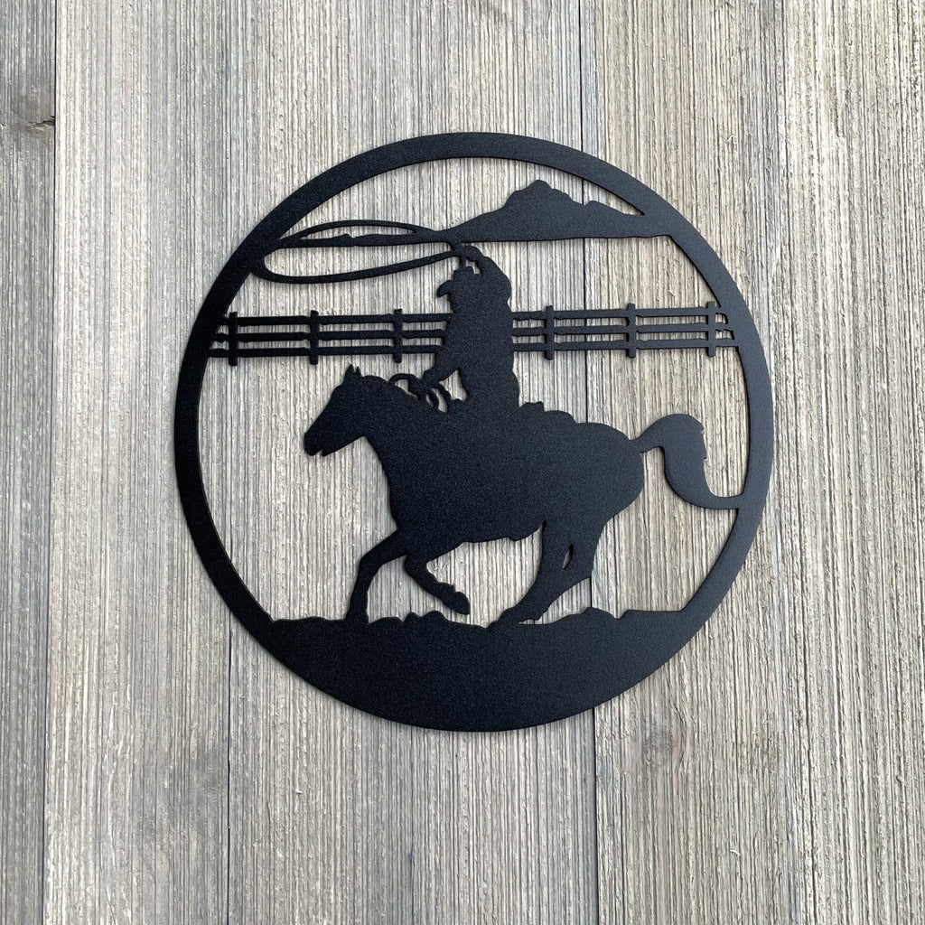 Cowboy Metal Sign Cutout - Classic Cowboy Riding Horse and Swinging Rope Metal Wall Art Sign