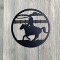 Cowboy Metal Sign Cutout - Classic Cowboy Riding Horse and Swinging Rope Metal Wall Art Sign