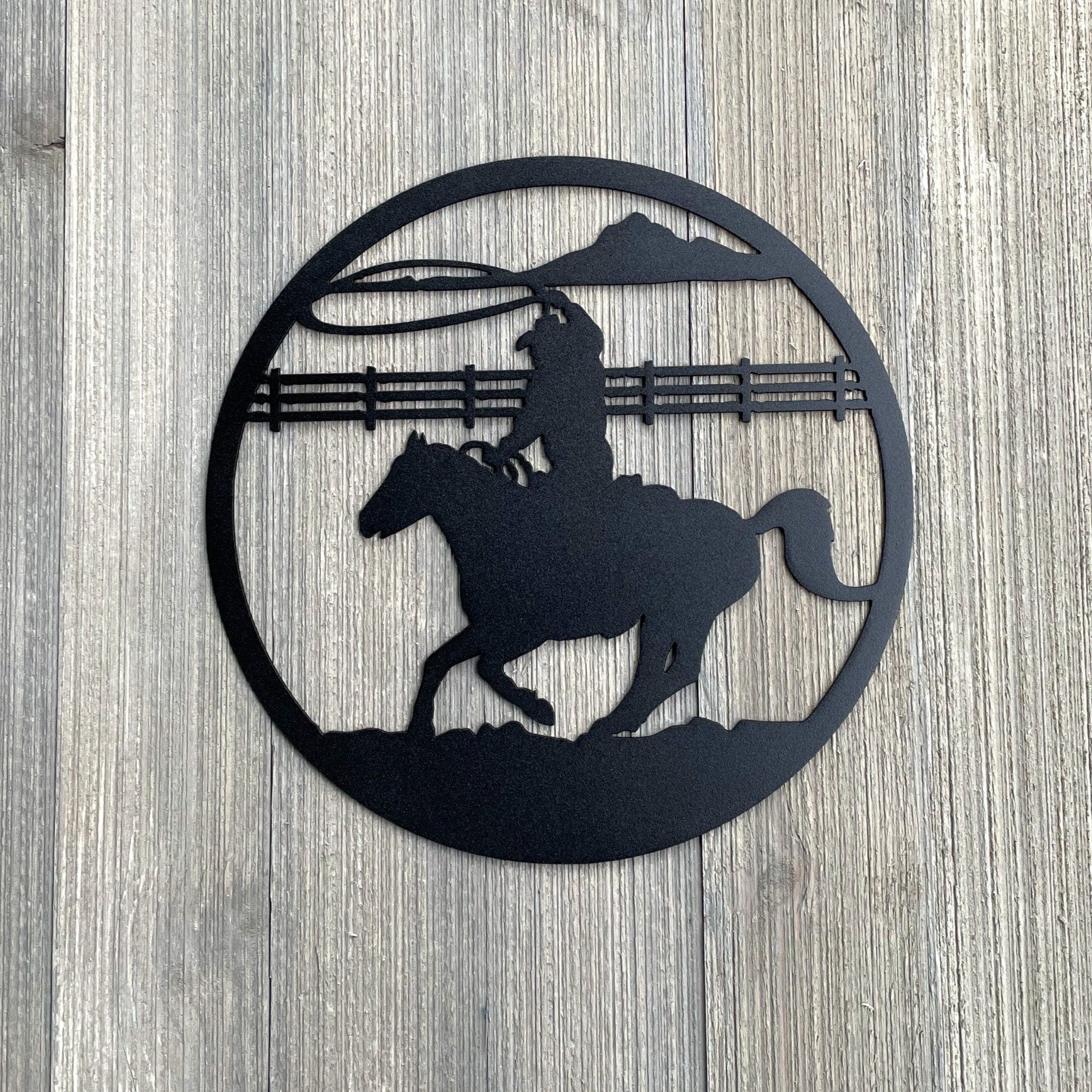 Cowboy Metal Sign Cutout - Classic Cowboy Riding Horse and Swinging Rope Metal Wall Art Sign