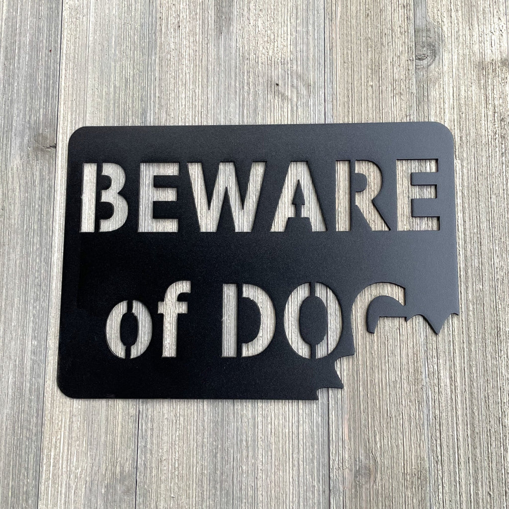 Beware of Dog Metal Sign Cutout - Beware of Dog Powder Coated Metal Art - Humorous Design with Bite Taken Out of Corner