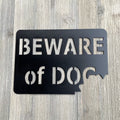 Beware of Dog Metal Sign Cutout - Beware of Dog Powder Coated Metal Art - Humorous Design with Bite Taken Out of Corner