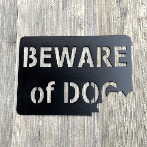 Beware of Dog Metal Sign Cutout - Beware of Dog Powder Coated Metal Art - Humorous Design with Bite Taken Out of Corner