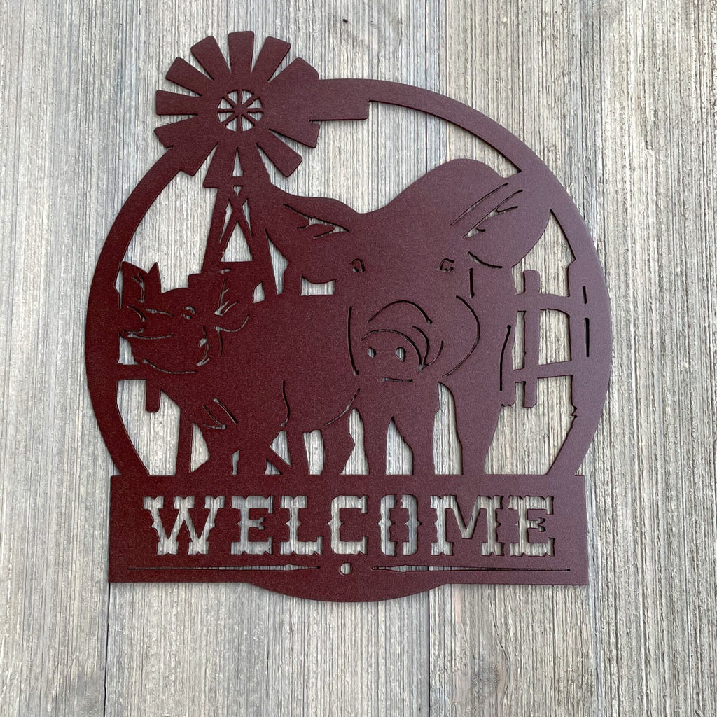 Pig Welcome Metal Sign Cutout - Welcome to the Farm Powder Coated Metal Wall Art - Farmhouse Home Decor