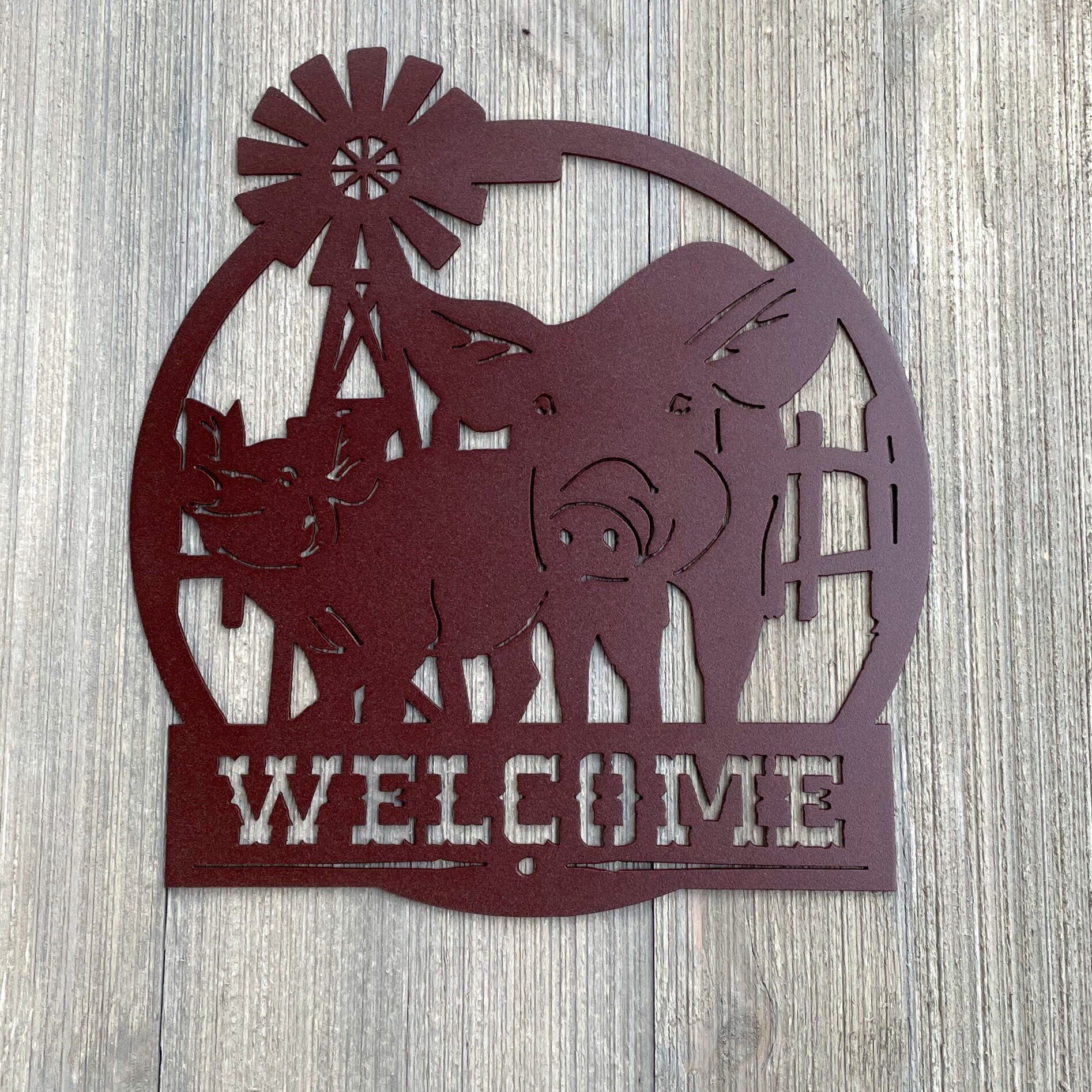 Pig Welcome Metal Sign Cutout - Welcome to the Farm Powder Coated Metal Wall Art - Farmhouse Home Decor