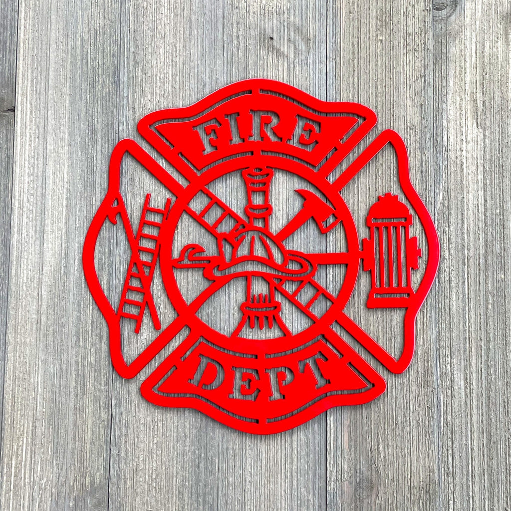 Fire Dept Metal Sign Cutout - Fire Department Powder Coated Metal Sign - Hydrant, Ladder, and Fireman's Helmet Decor
