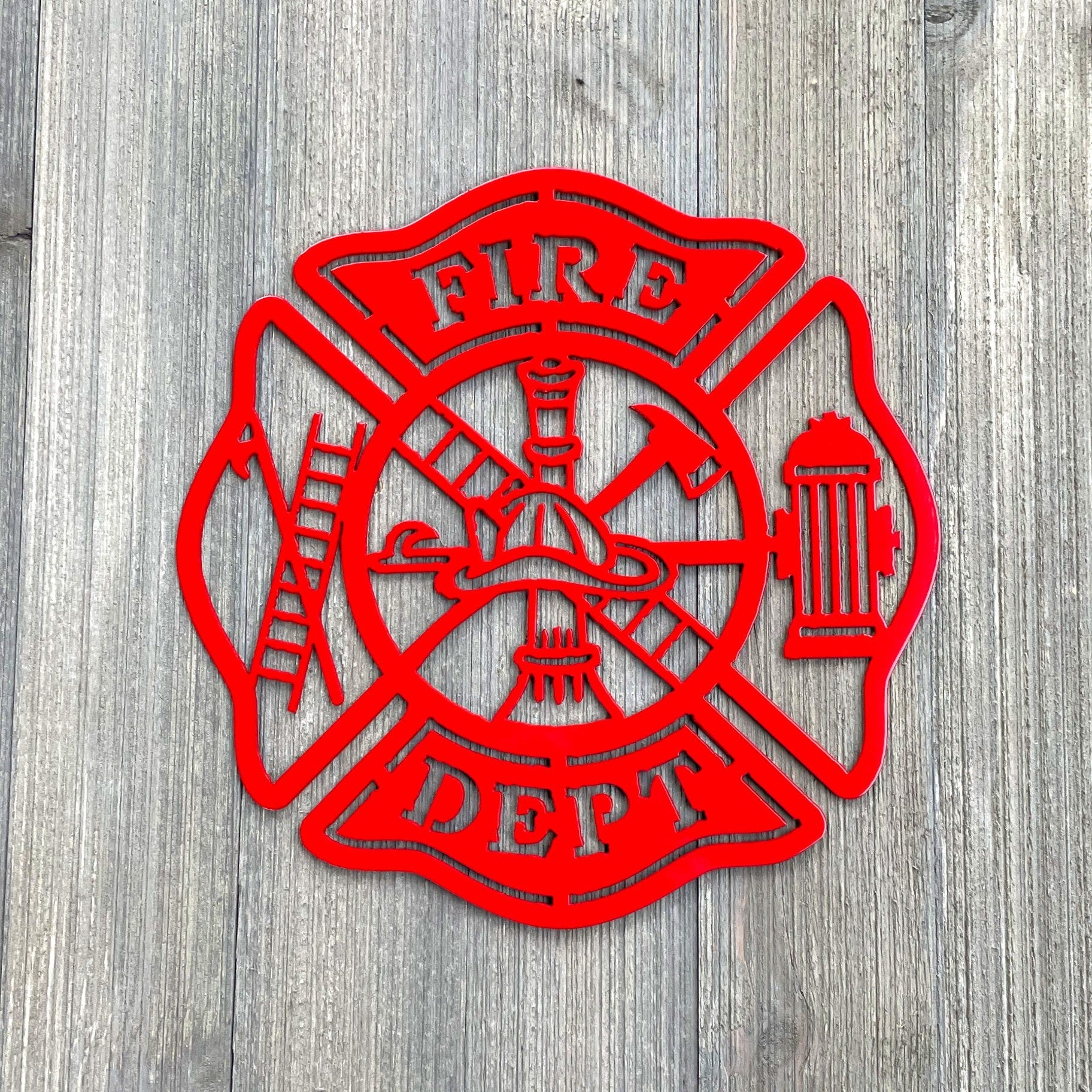 Fire Dept Metal Sign Cutout - Fire Department Powder Coated Metal Sign - Hydrant, Ladder, and Fireman's Helmet Decor
