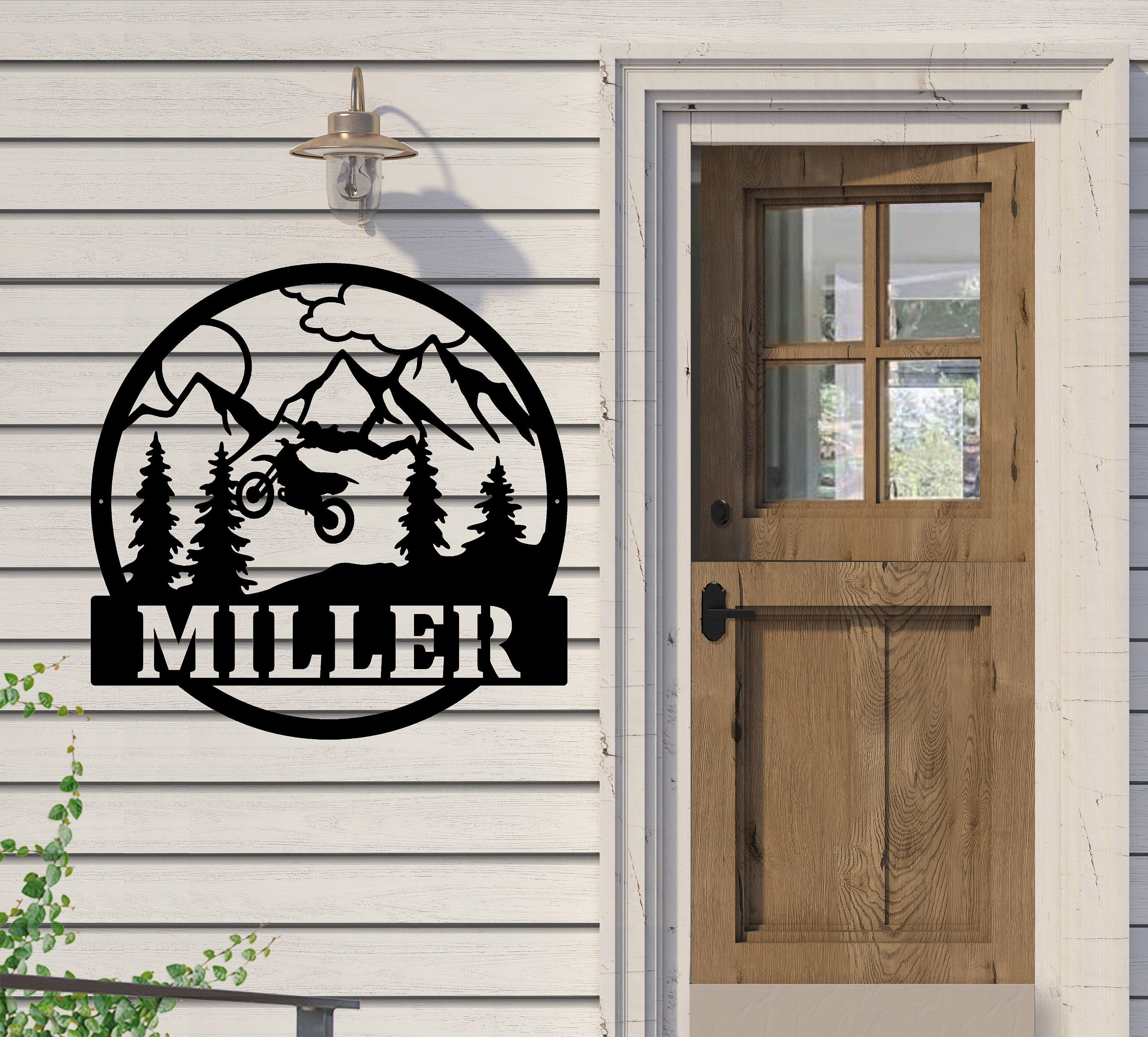 Personalized Dirtbike Monogram Metal Sign Cutout -Dirt Bike Custom Name -Dirt Bike with Mountain Silhouette -Powder Coated - Last Name Sign