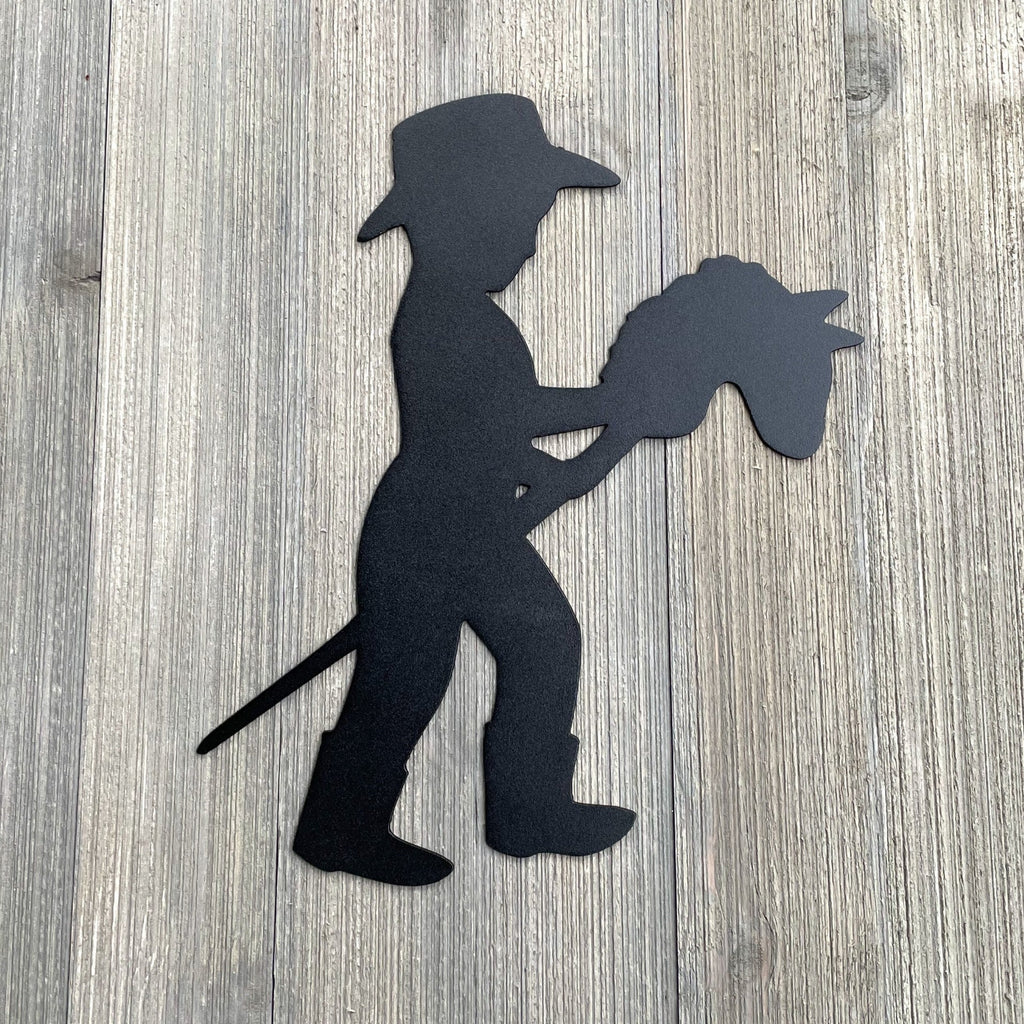 Kid Riding Toy Horse Metal Sign Cutout - Child's Cowboy Adventure: Kid Riding Toy Horse Metal Wall Art Sign