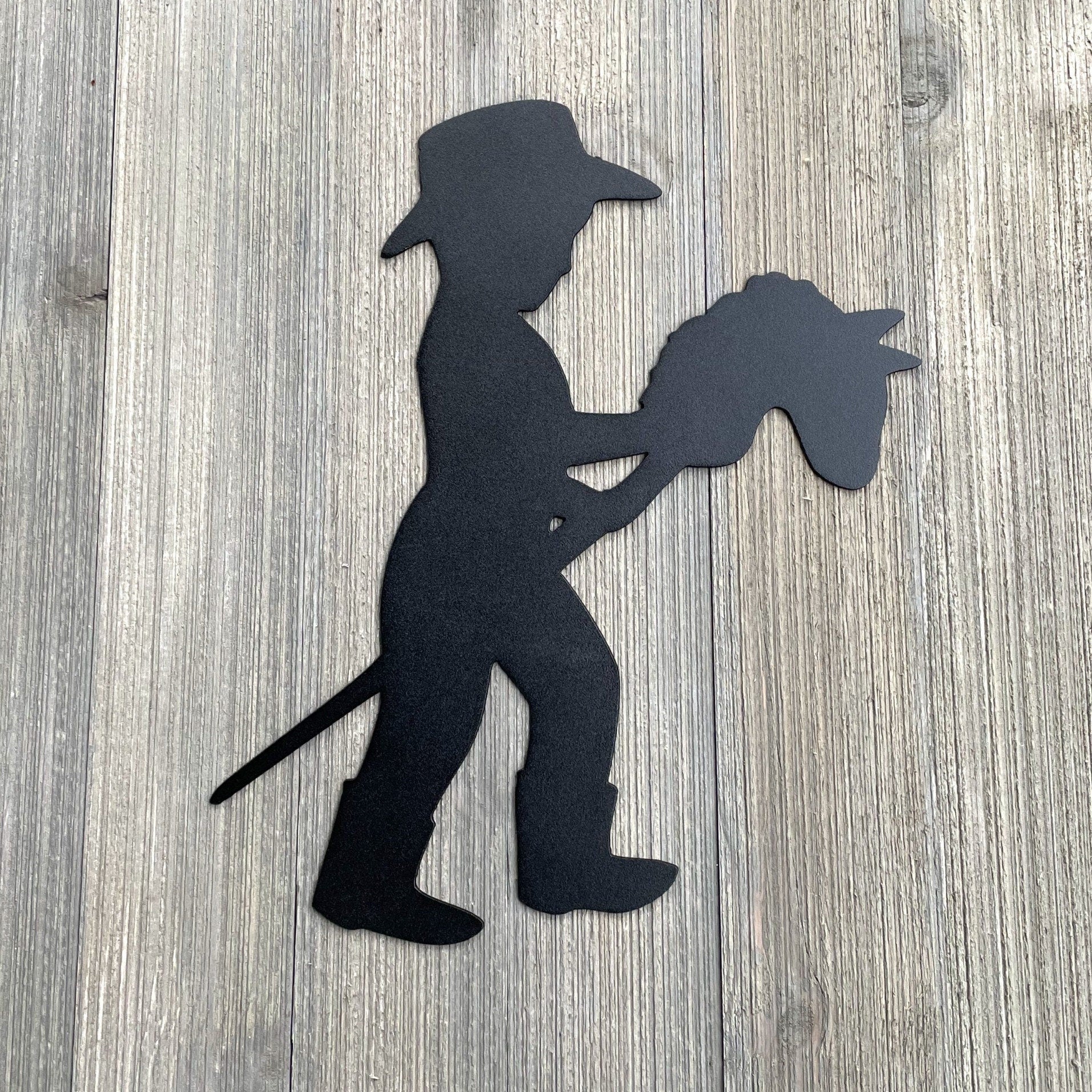 Kid Riding Toy Horse Metal Sign Cutout - Child's Cowboy Adventure: Kid Riding Toy Horse Metal Wall Art Sign
