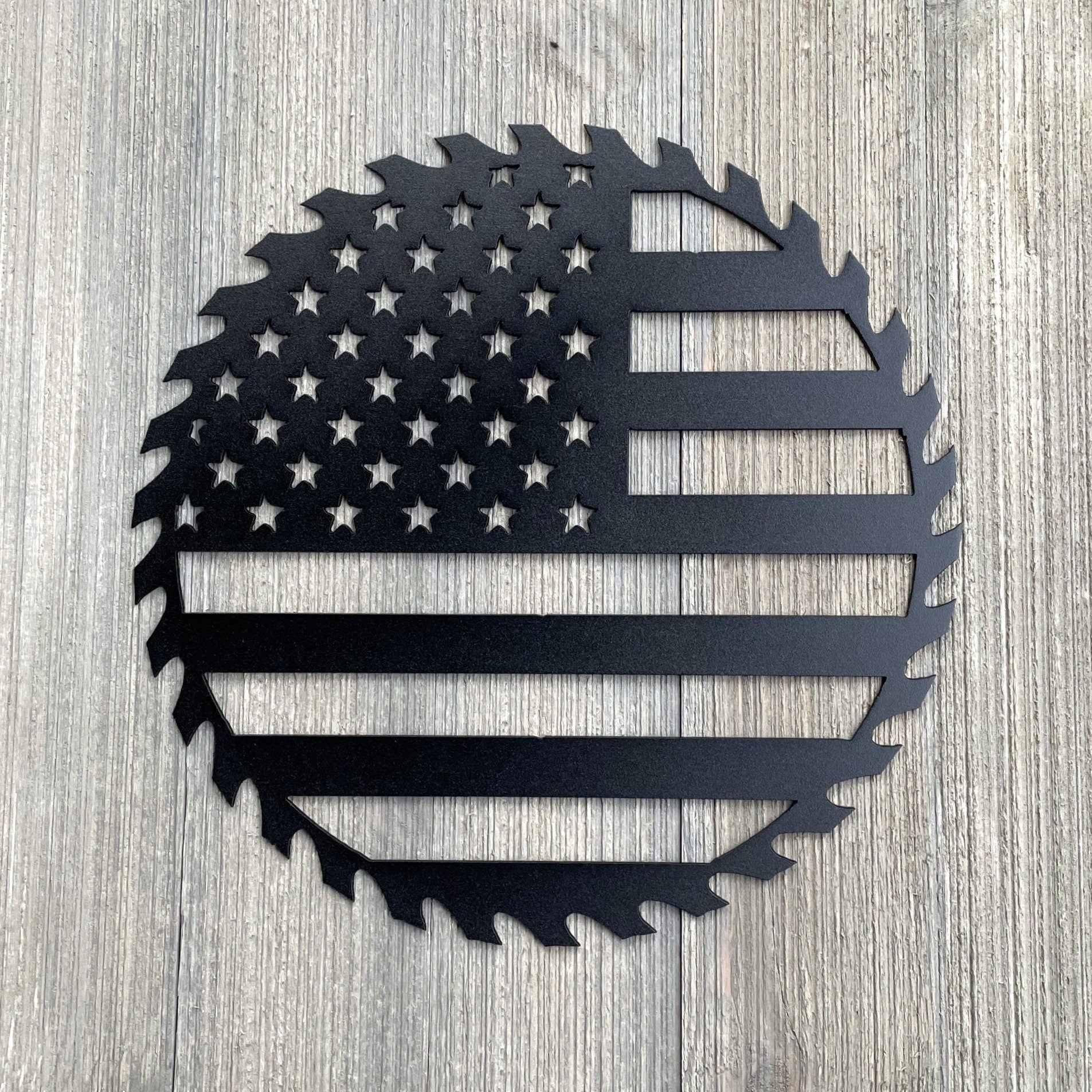 Sawblade Flag Metal Sign Cutout - Patriotic and Industrial-Inspired "American Flag Sawblade" Powder Coated Metal Sign USA Flag