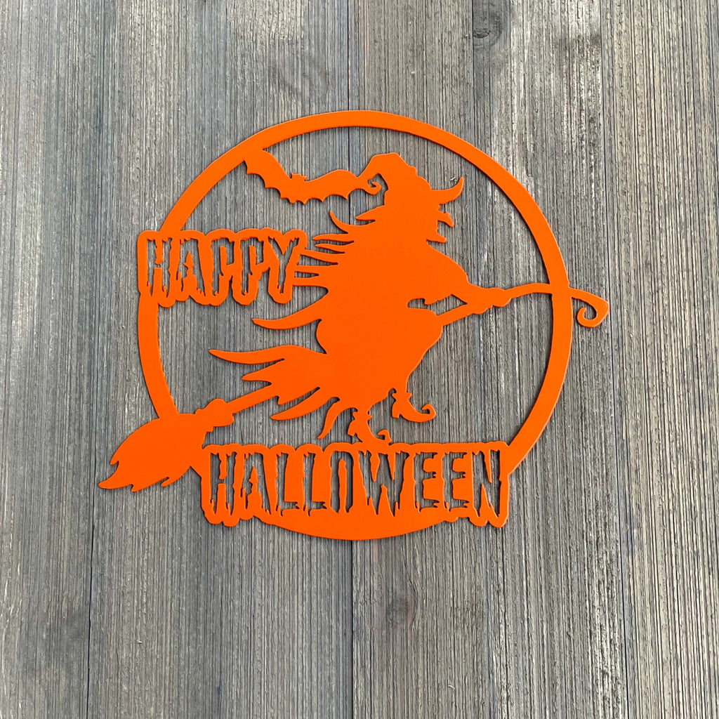 Happy Halloween Witch Metal Sign Cutout - Happy Halloween Sign - Powder Coated Metal - Witch Riding a Broom Design - Halloween Decor