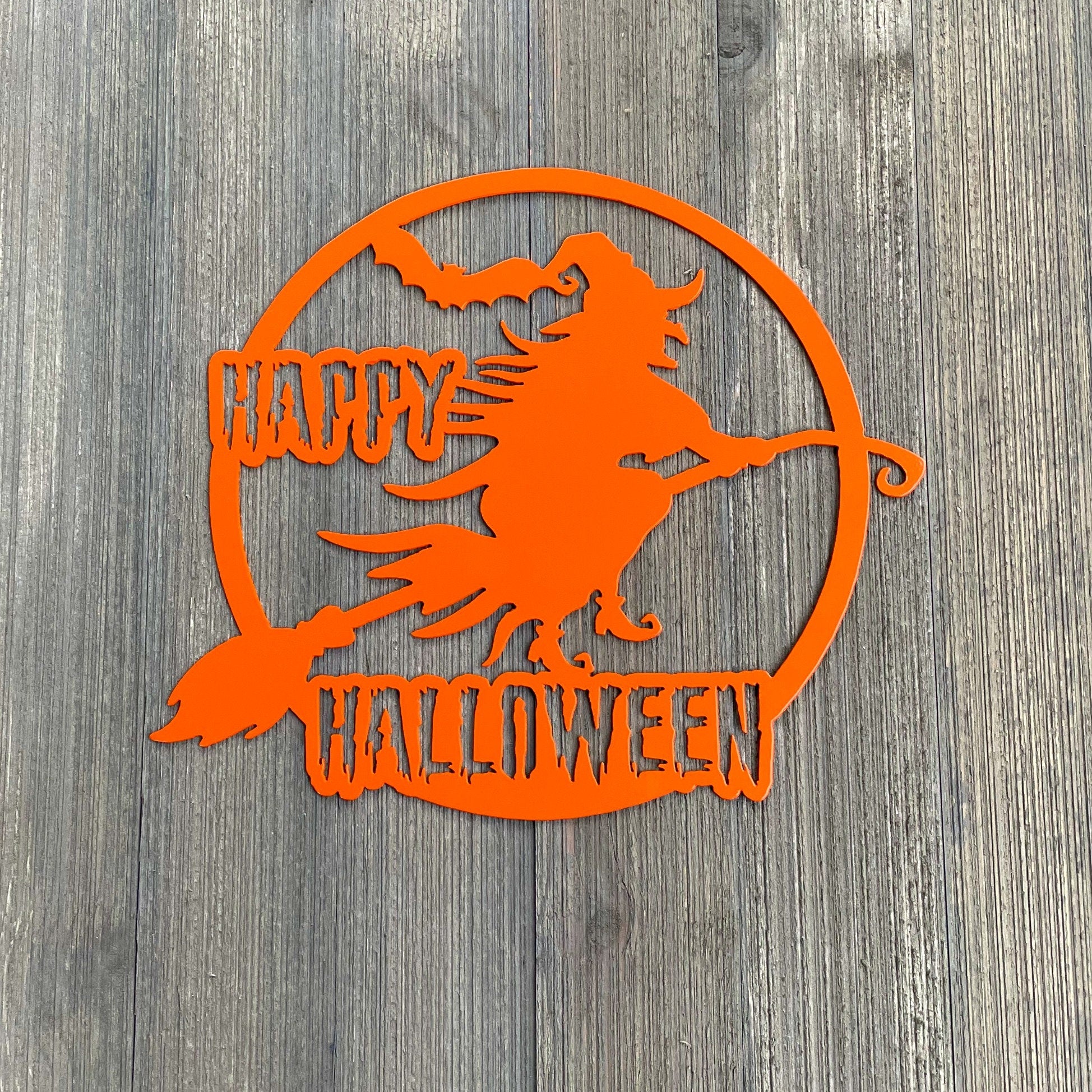 Happy Halloween Witch Metal Sign Cutout - Happy Halloween Sign - Powder Coated Metal - Witch Riding a Broom Design - Halloween Decor