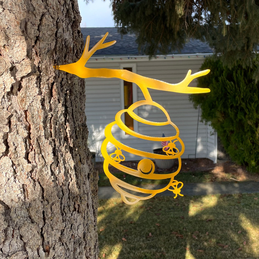 Bee Hive Tree Stake Metal Sign Cutout - Bee Hive on Tree Branch Powder Coated Metal Sign - Unique Outdoor Decor