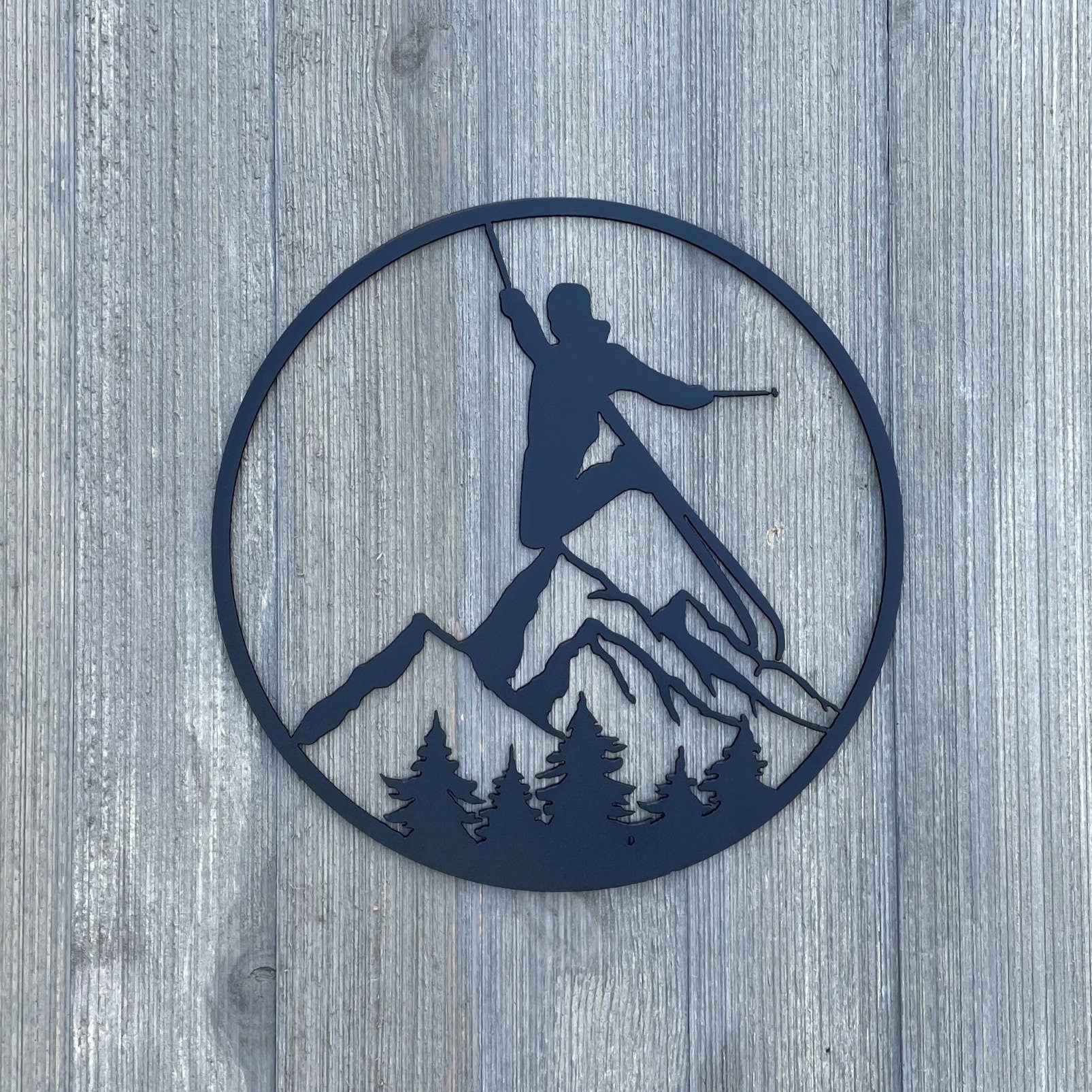 Ski Scene Metal Sign Cutout - Ski Mountain - Snow Lover - Skier and Mountain Scene Sign - Shredding Down A Powdery Mountain -