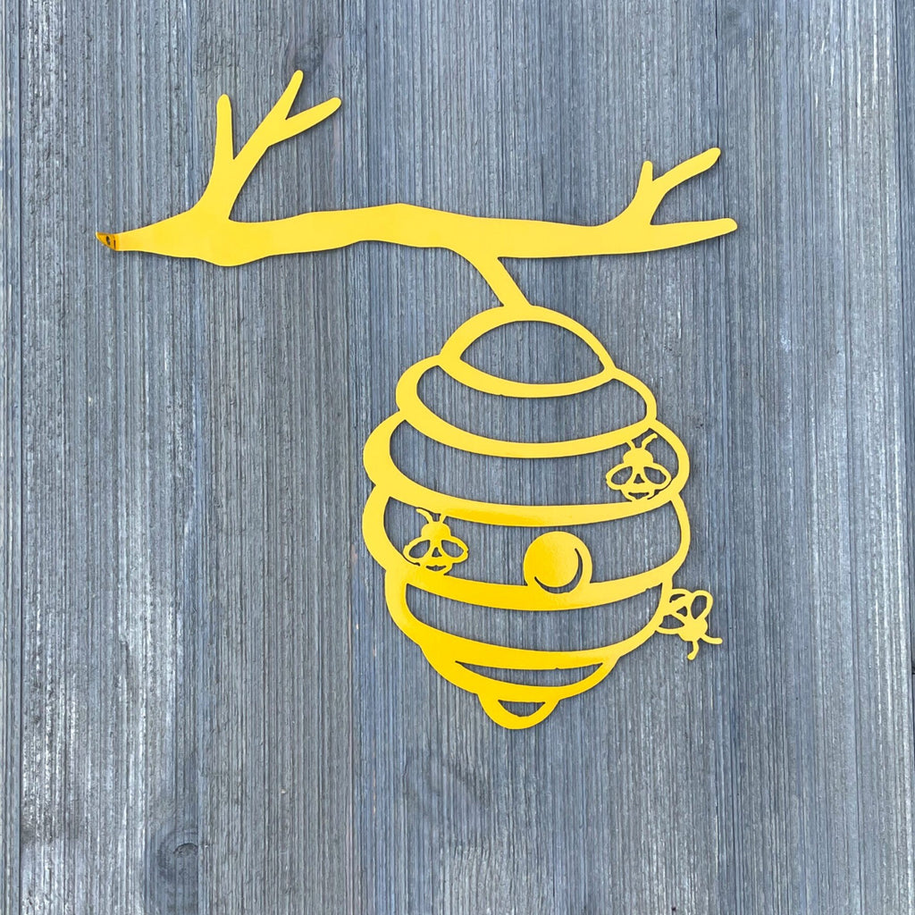Bee Hive Tree Stake Metal Sign Cutout - Bee Hive on Tree Branch Powder Coated Metal Sign - Unique Outdoor Decor