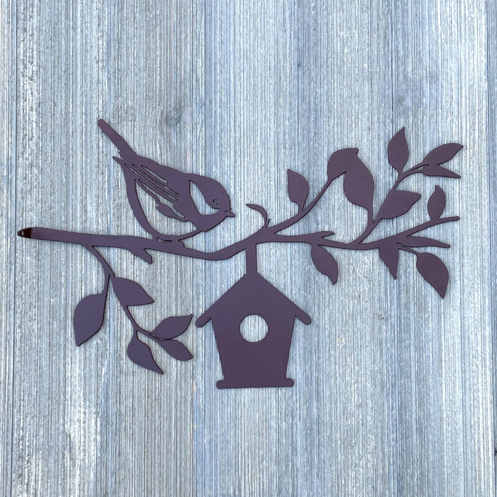 Bird Tree Stake Metal Sign Cutout - Bird on Tree Branch with Bird House Powder Coated Metal Sign - Unique Tree Stake