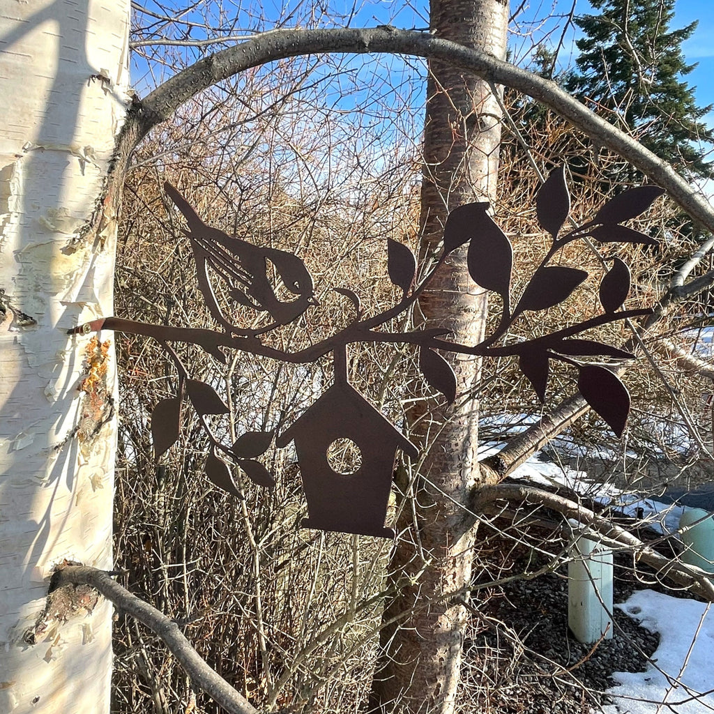 Bird Tree Stake Metal Sign Cutout - Bird on Tree Branch with Bird House Powder Coated Metal Sign - Unique Tree Stake