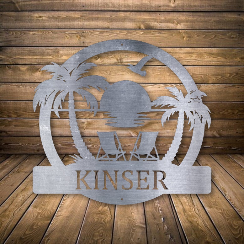 Personalized Beach Monogram - Custom Monogram Sign with Beach Sunset - Personalized Powder Coated Metal Sign - Palm Trees - Family Name Sign