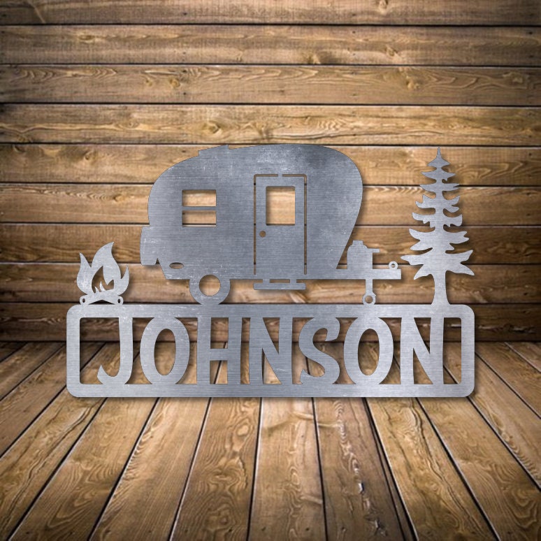 Personalized Camper Monogram -Custom Vintage Camper Sign -Personalized Powder Coated Metal Name Sign - Scenic Background and Vintage Trailer