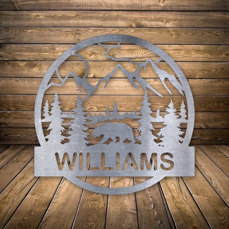 Personalized Bear Monogram -Custom Bear Sign -Personalized Powder Coated Metal Name Sign with Scenic Background and Bear Design -Family Name