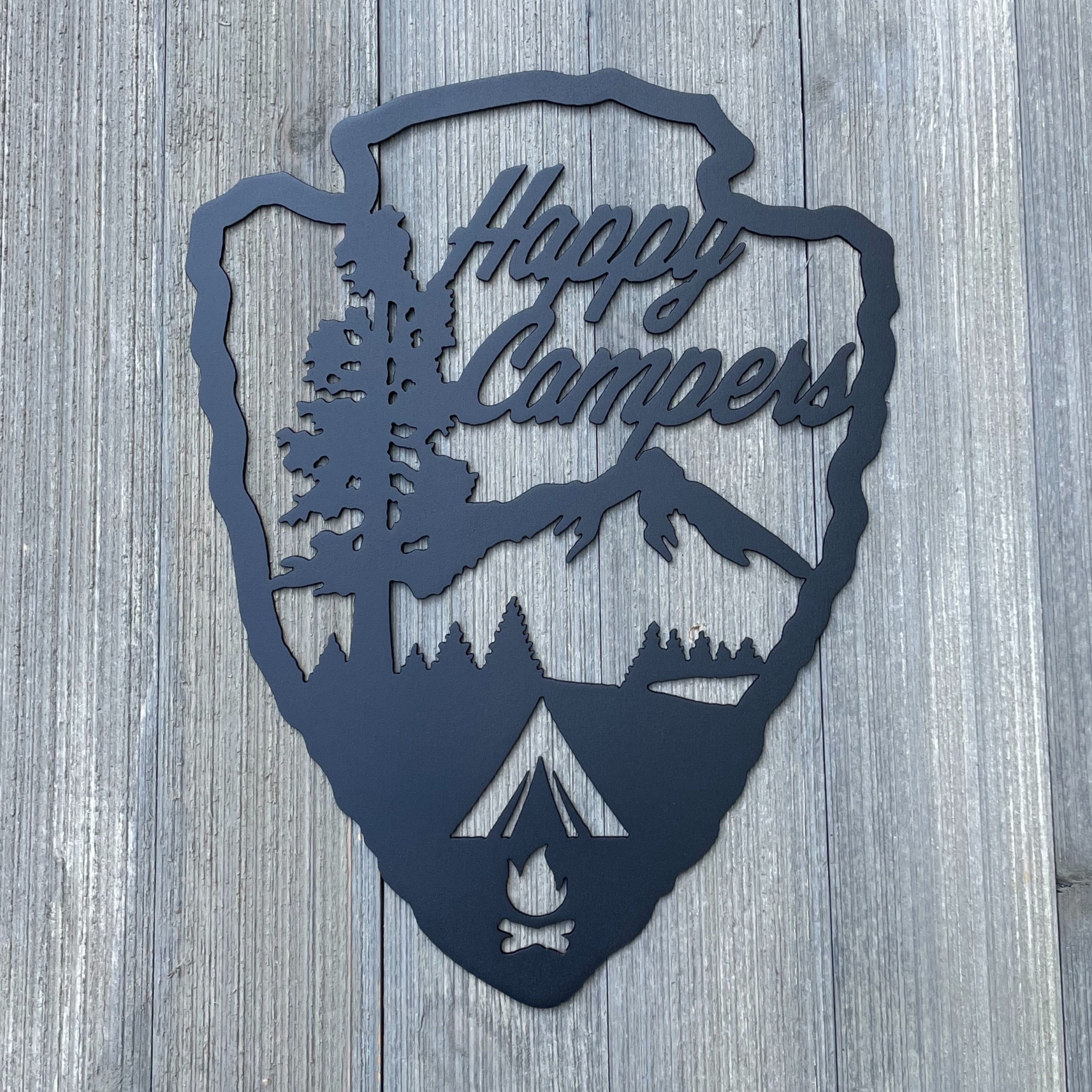 Happy Campers Arrowhead Metal Sign Cutout - A Powder Coated Metal Sign Featuring a Tent Camping Scene in the Shape of an Arrow Head