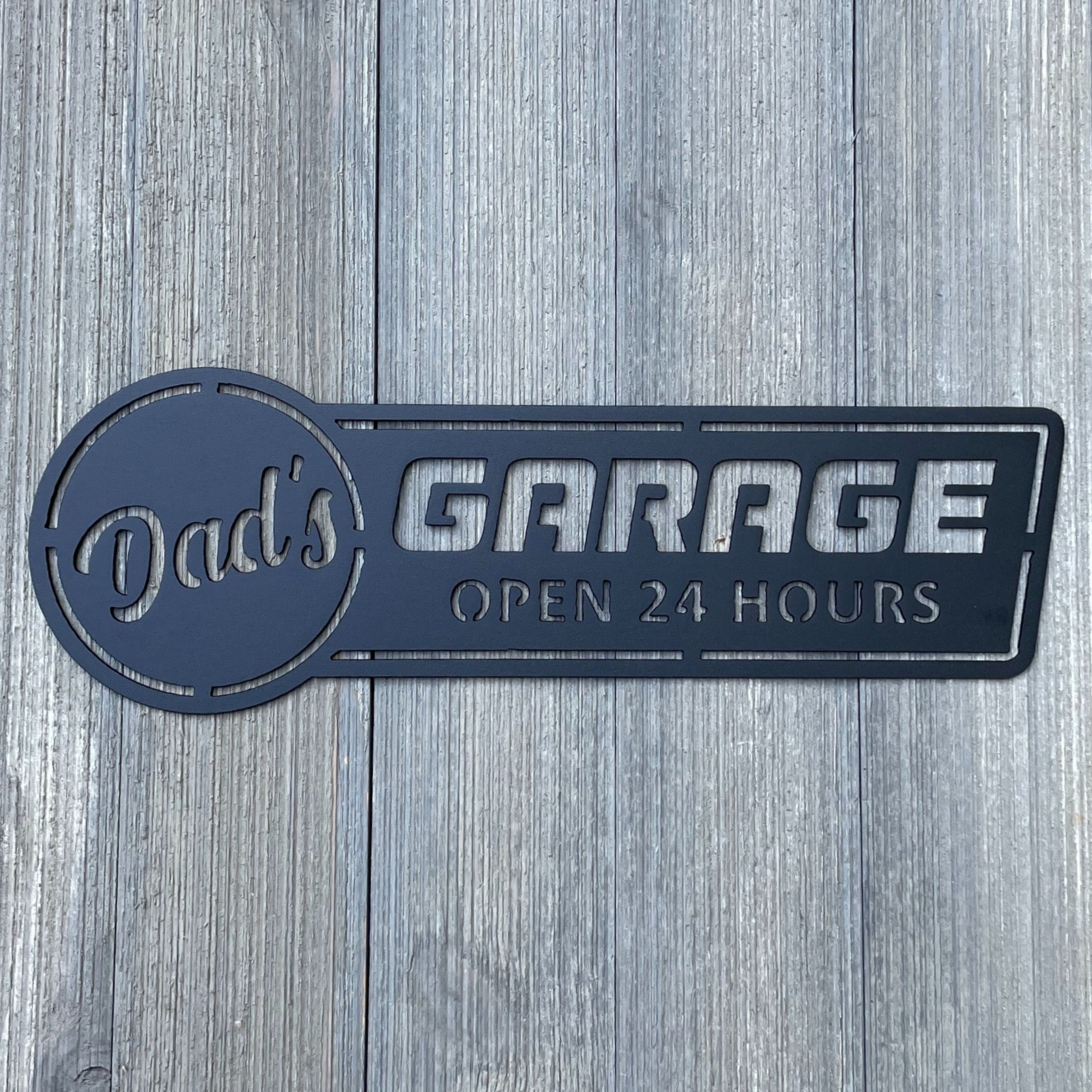 Dad's Garage Open 24 Hours Metal Sign Cutout - Gift For Dad - Vintage Design for Automotive Workshops,Garages, Shop and Man Caves
