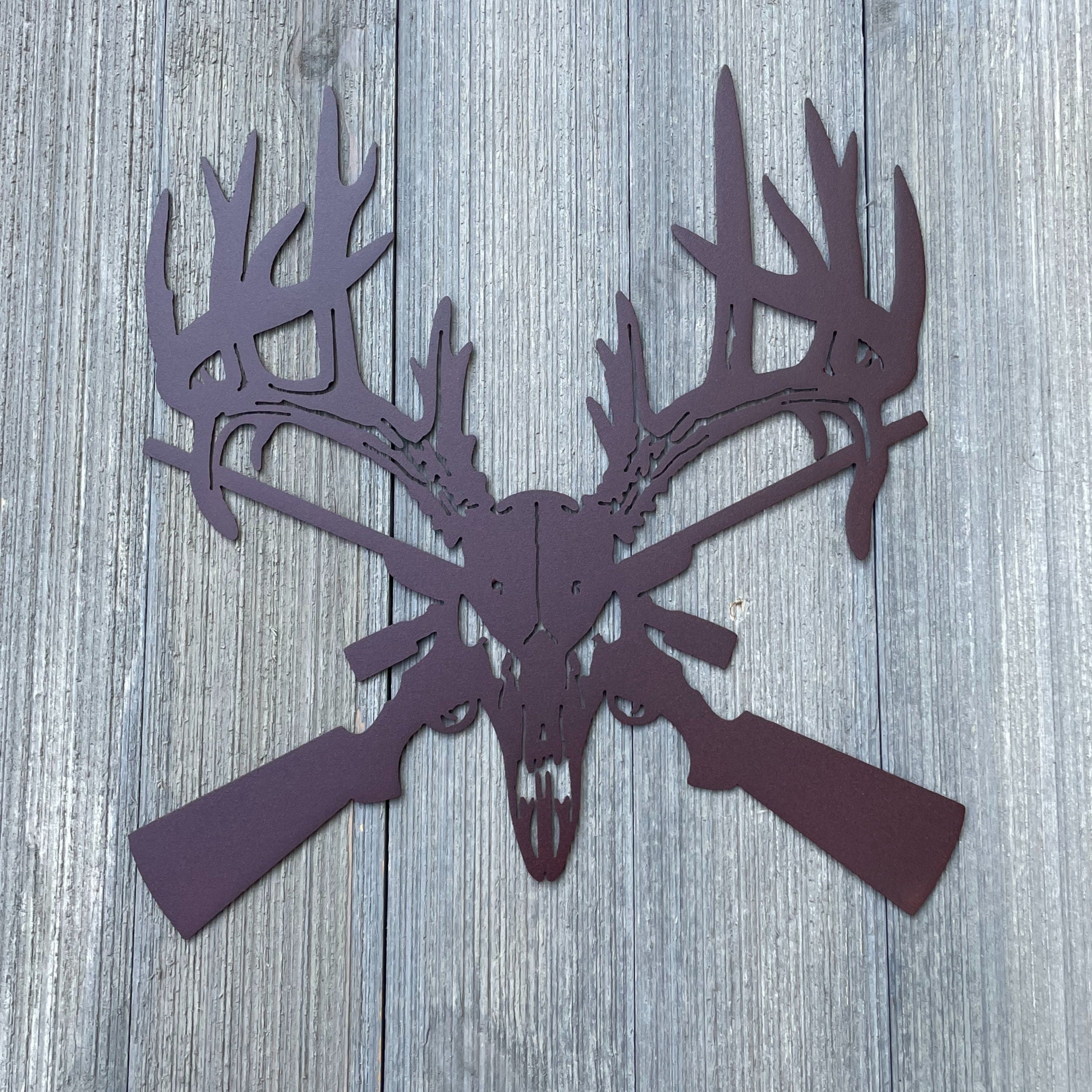Deer Skull And Rifle Metal Sign Cutout - Striking Deer Skull and Rifles Powder Coated - For Hunting or Outdoor-Inspired Decor!
