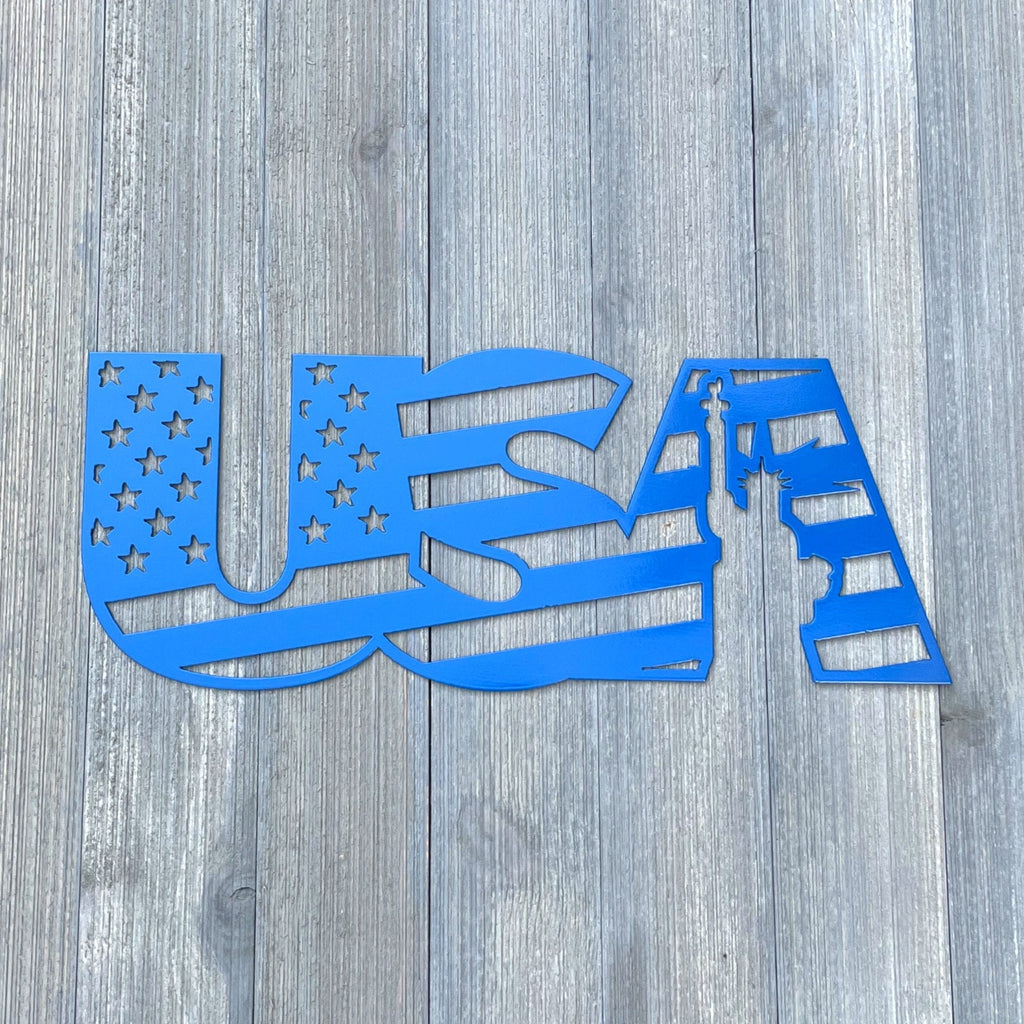 USA Metal Sign Cutout - Vibrant and Eye-Catching USA Powder Coated Metal Sign with American Flag and Statue of Liberty Design