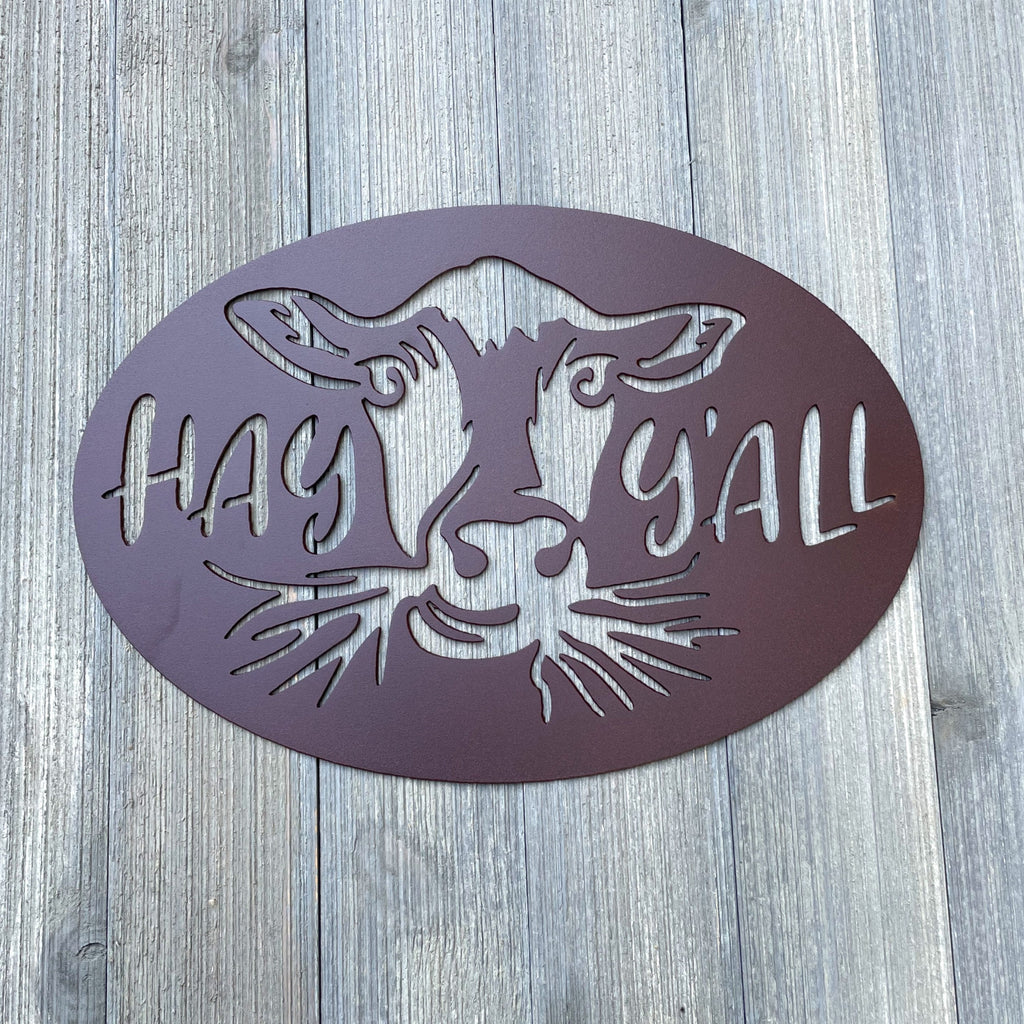 Hay Y'all Metal Sign Cutout - Powder Coated Metal Sign with Cow Chewing Hay Design - Funny Farmhouse Decor