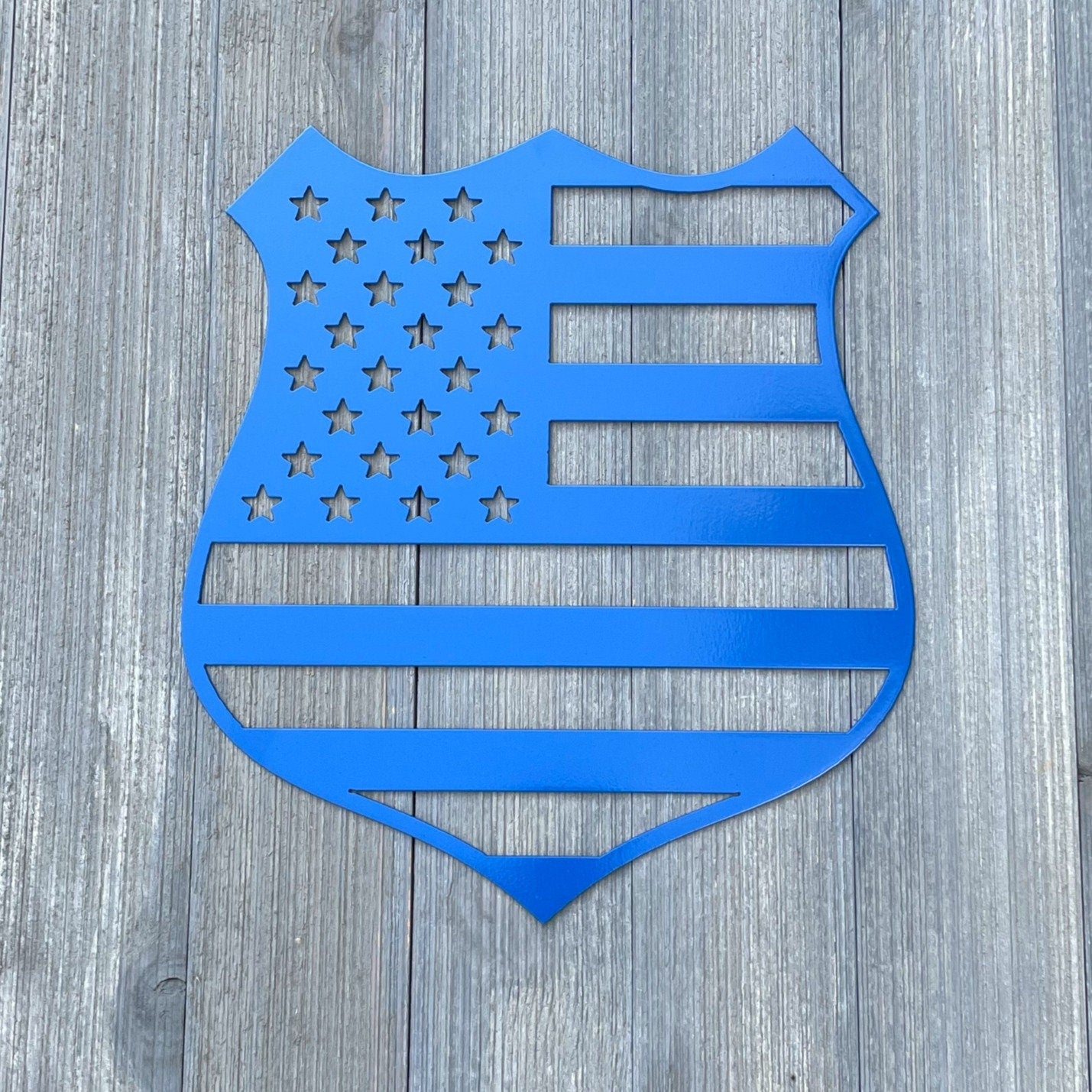 Police Shield/ Police Badge/ American Flag Badge Metal Sign Cutout - USA Flag Police Badge Powder Coated Metal Sign - Law Enforcement Gift