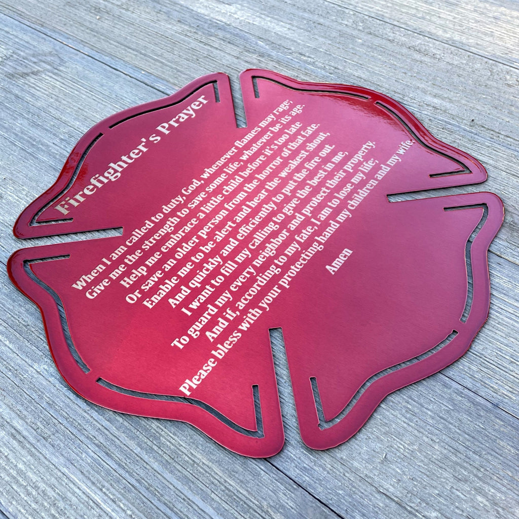 Engraved Firefighters Prayer Metal Maltese Flag - Honoring the Bravery of Firefighters - Powder Coated For Durability - Firefighter Gift