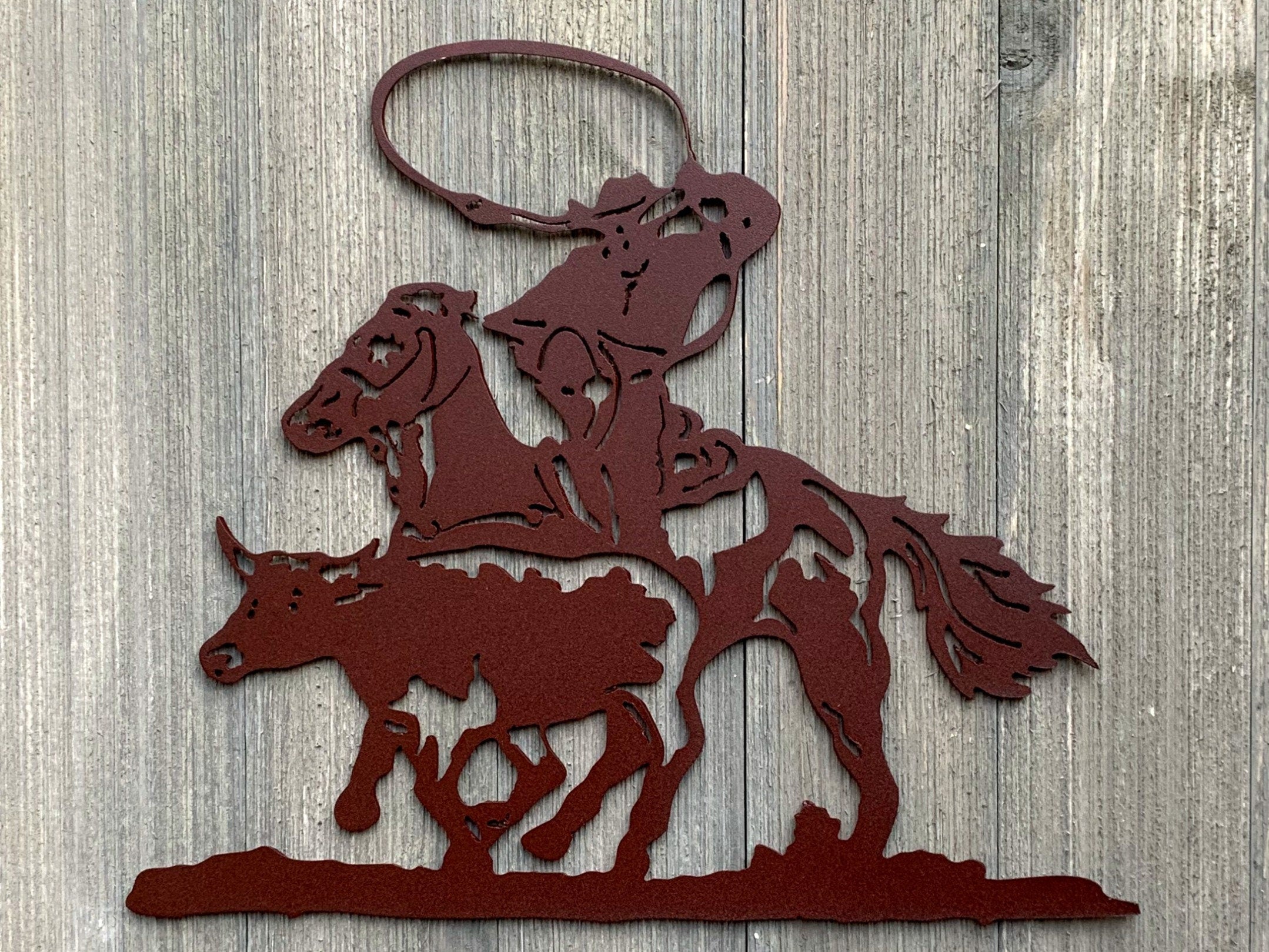 Cowboy Roping Steer Metal Sign Cutout - Roping the Steer: Cowboy in Action Metal Wall Art Sign