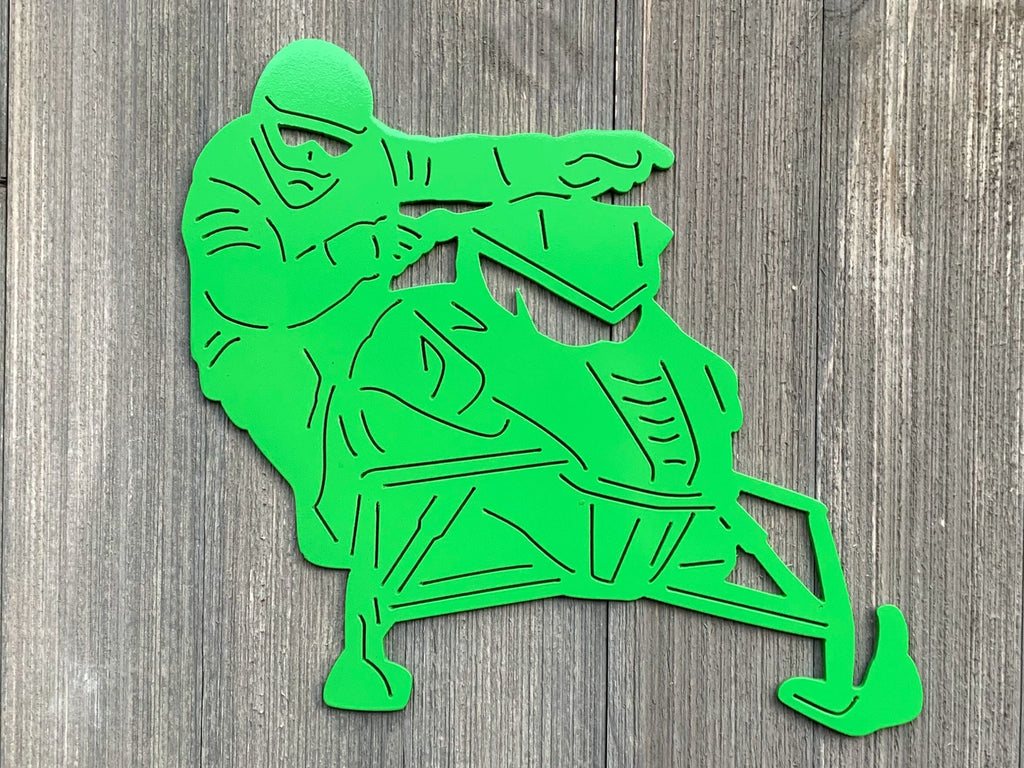 Snowmobile Metal Sign Cutout - Powder Coated Metal Snowmobile Rider Sign - A Must-Have for Any Winter Enthusiast!
