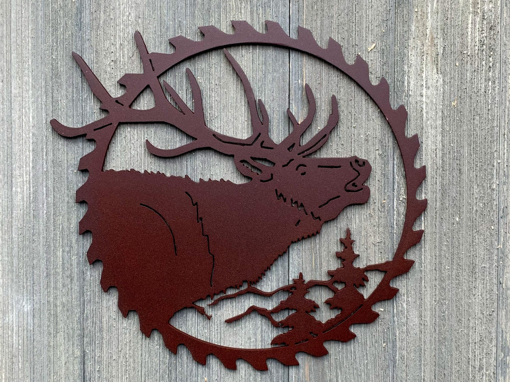 Elk Sawblade Metal Sign Cutout - Bring the Beauty of Elk into Your Home: Powder Coated Metal Sign Of an Elk Bugling Within a Sawblade Border